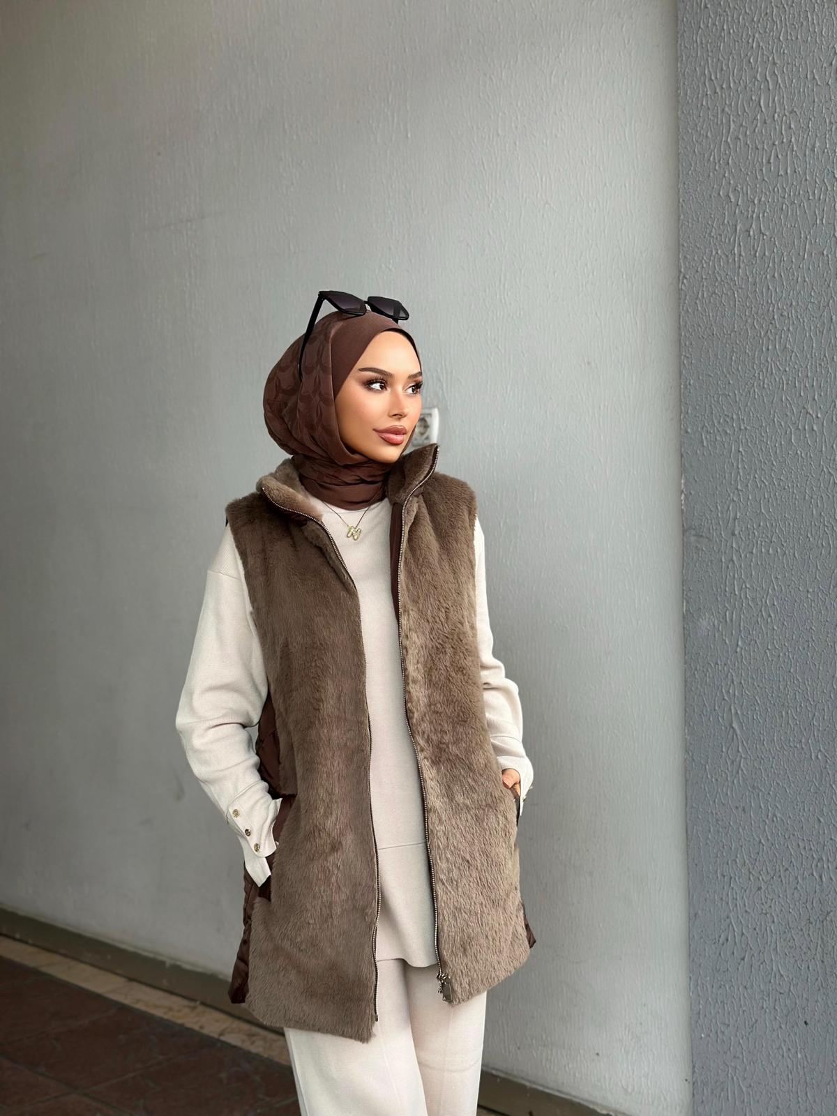 Minel Kadın Kürk Detaylı Yelek 036 - Kahve