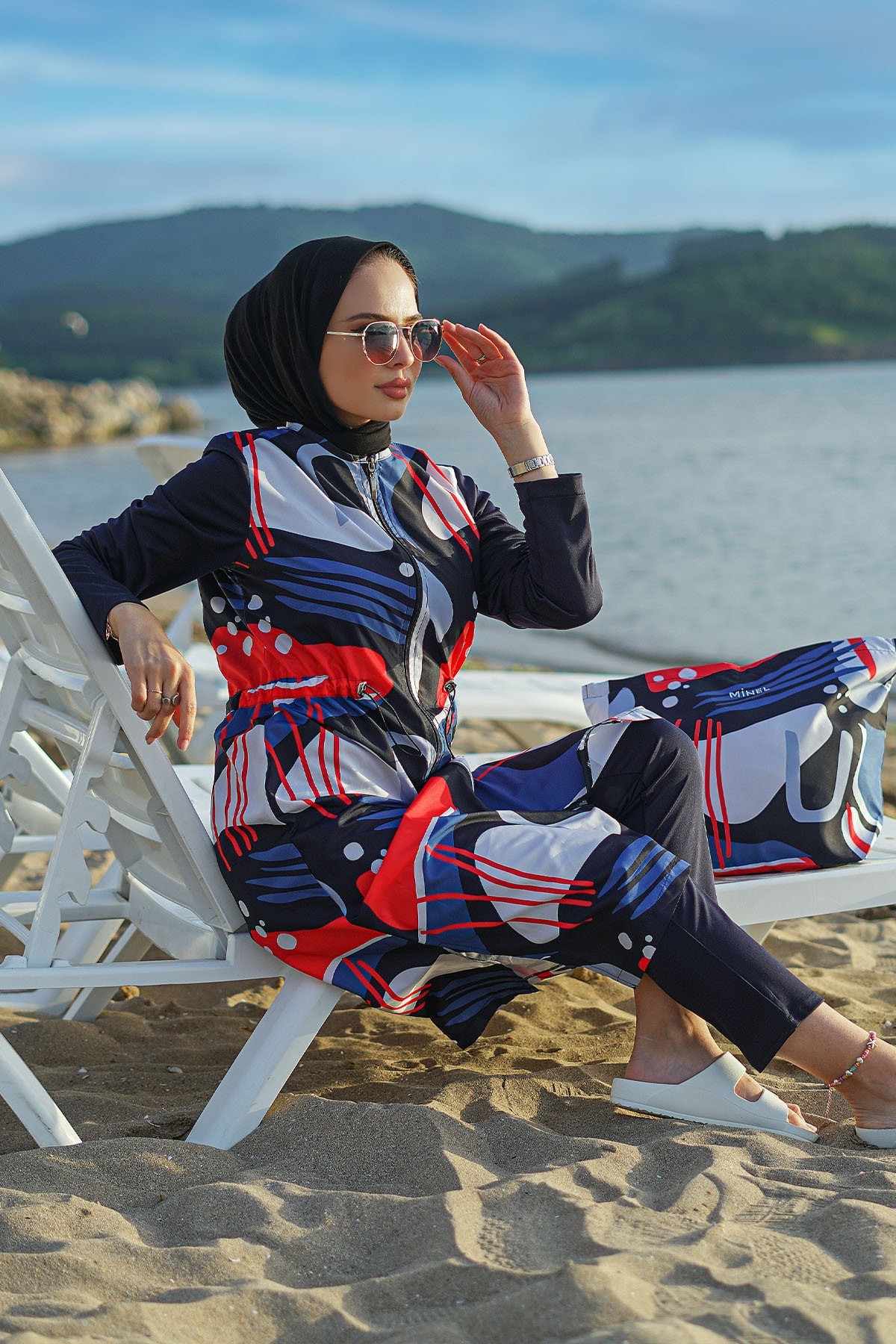 Kadın Dijital Baskı Desenli Tam Kapalı Uzun Tesettür Mayo 2'li Set