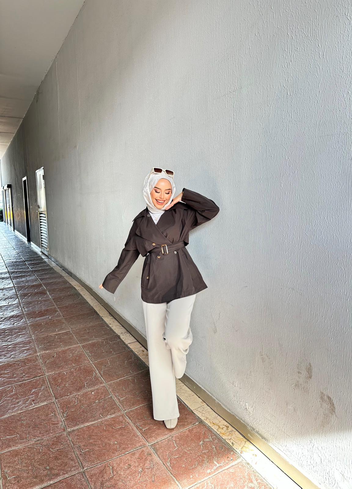 Minel Kadın Kruvaze Kesim Kısa Trençkot - Kahve