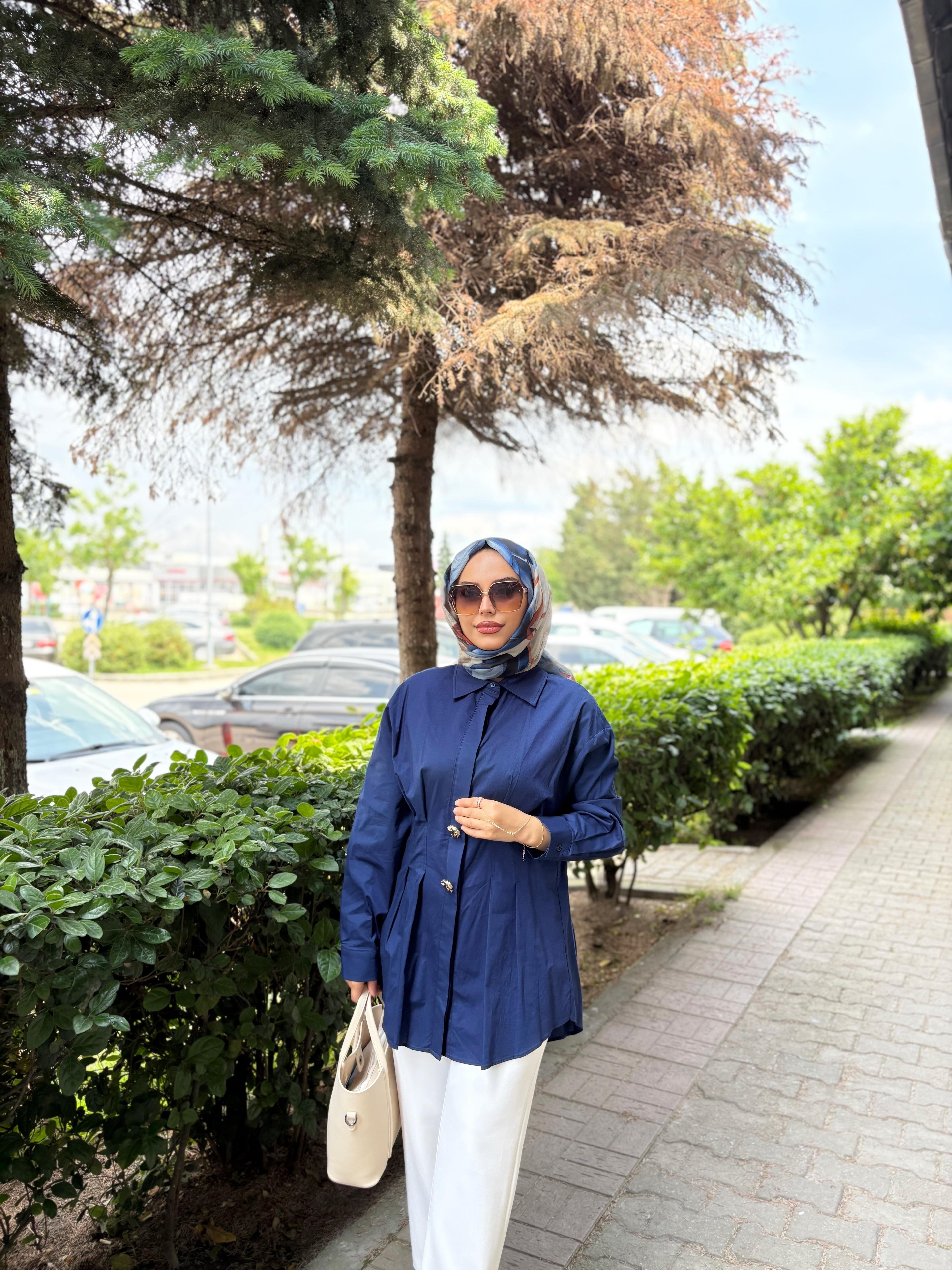 Kadın Düğme Detaylı Gömlek - lacivert
