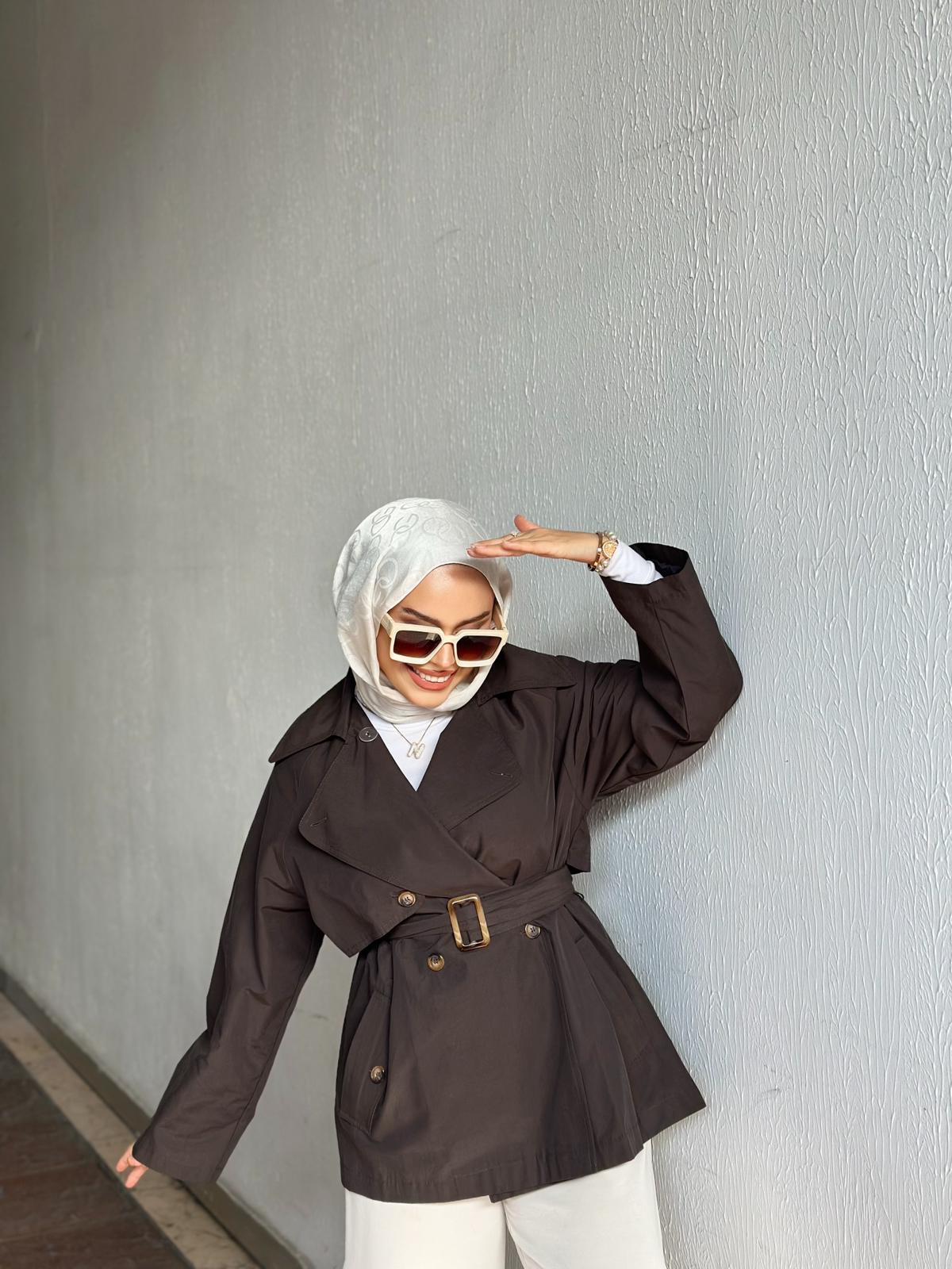 Minel Kadın Kruvaze Kesim Kısa Trençkot - Kahve