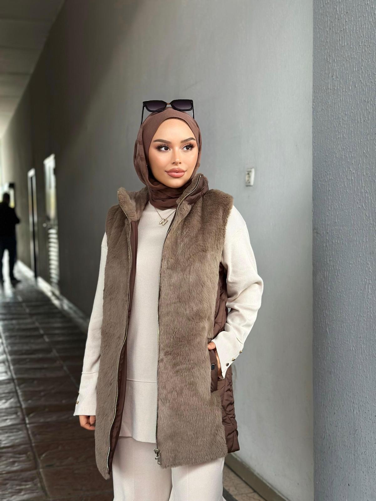 Minel Kadın Kürk Detaylı Yelek 036 - Kahve