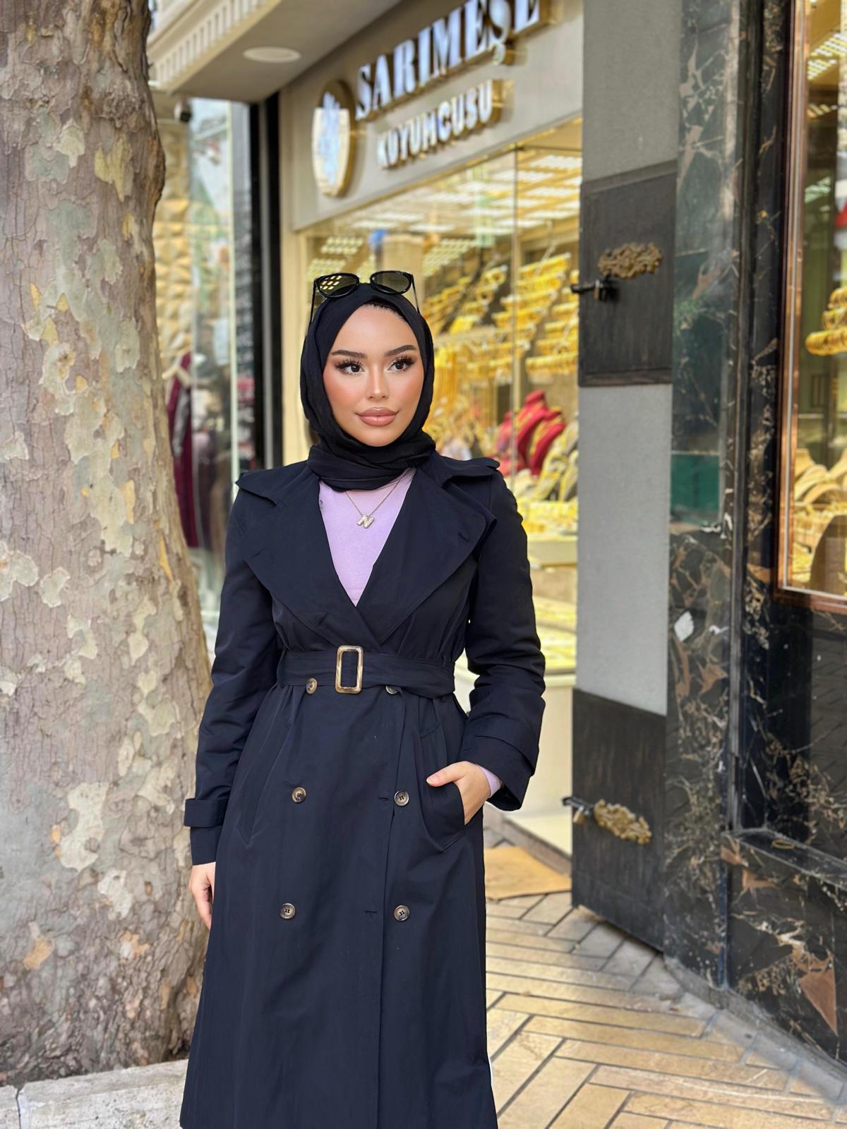 Minel Kadın Uzun Trençkot 01 - siyah