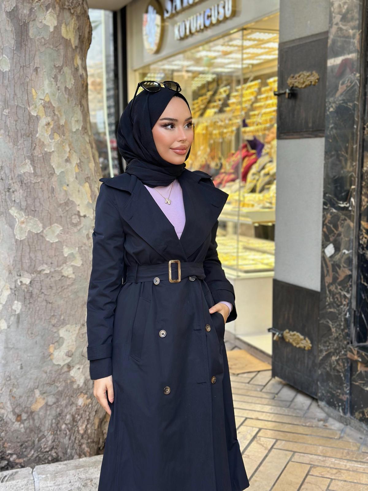 Minel Kadın Uzun Trençkot 01 - siyah