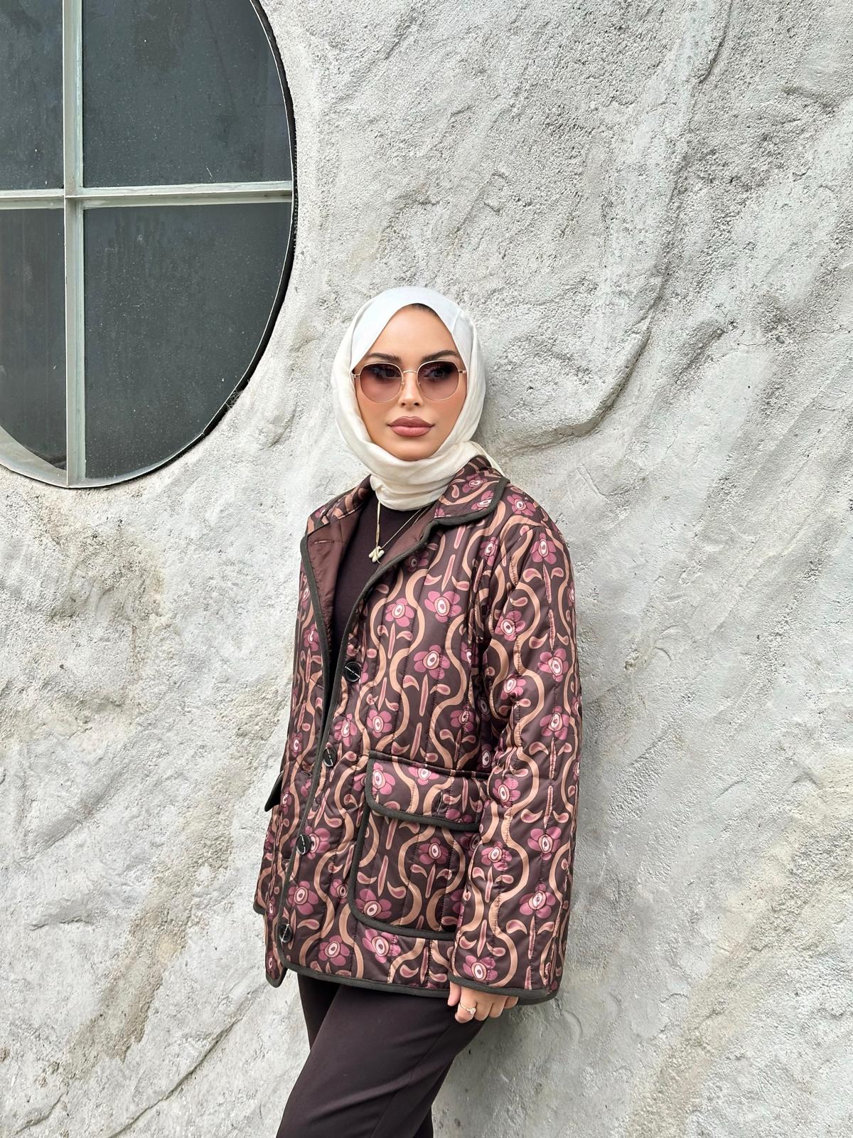 Minel Kadın Kahverengi Desenli Kapitone Ceket 01