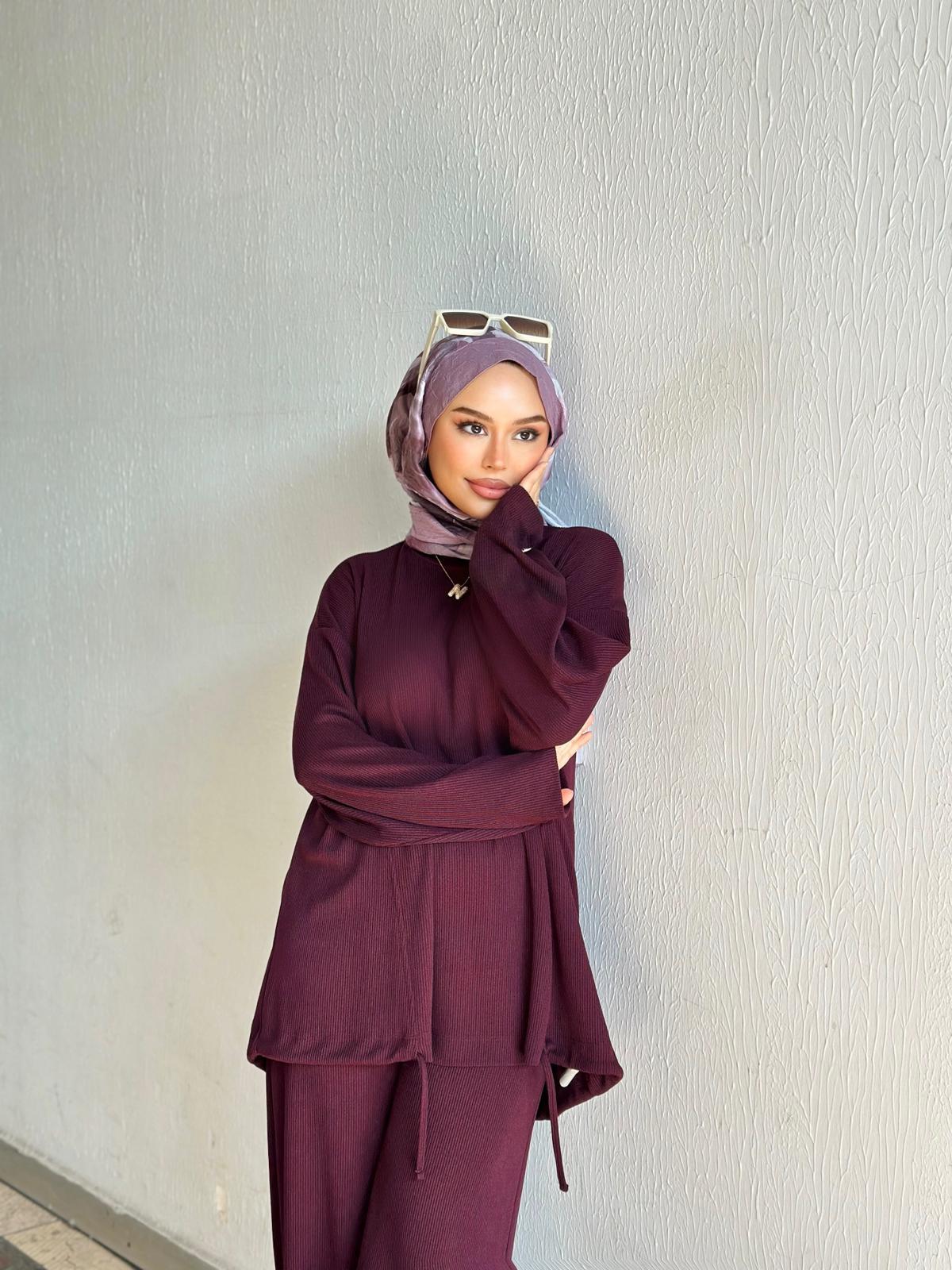 Minel Kadın Pile Detaylı Pantolonlu Takım  - mürdüm