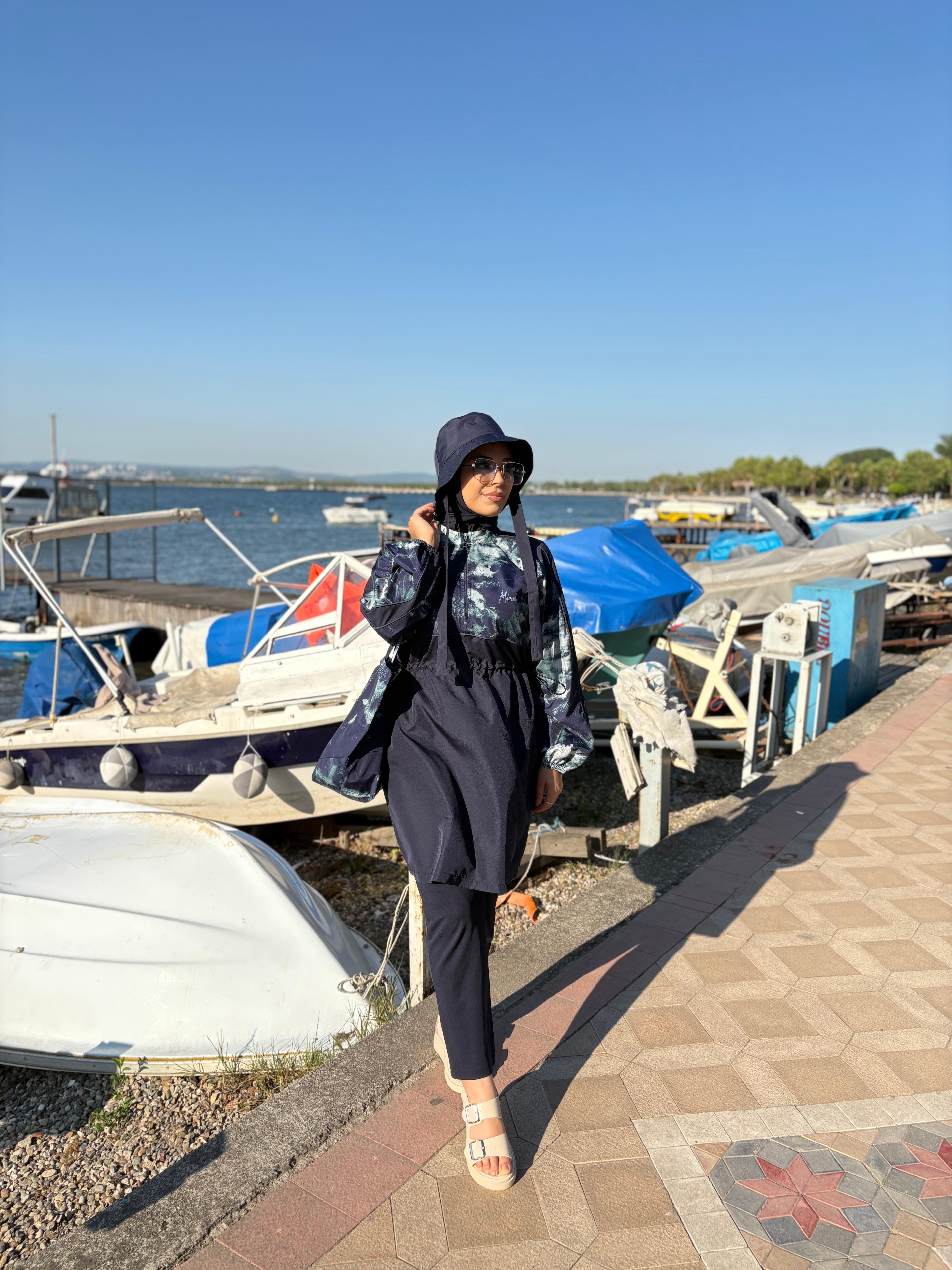 Kadın Lacivert Tam Kapalı Tesettür Mayo Kısa 2’li Set 059 - lacivert