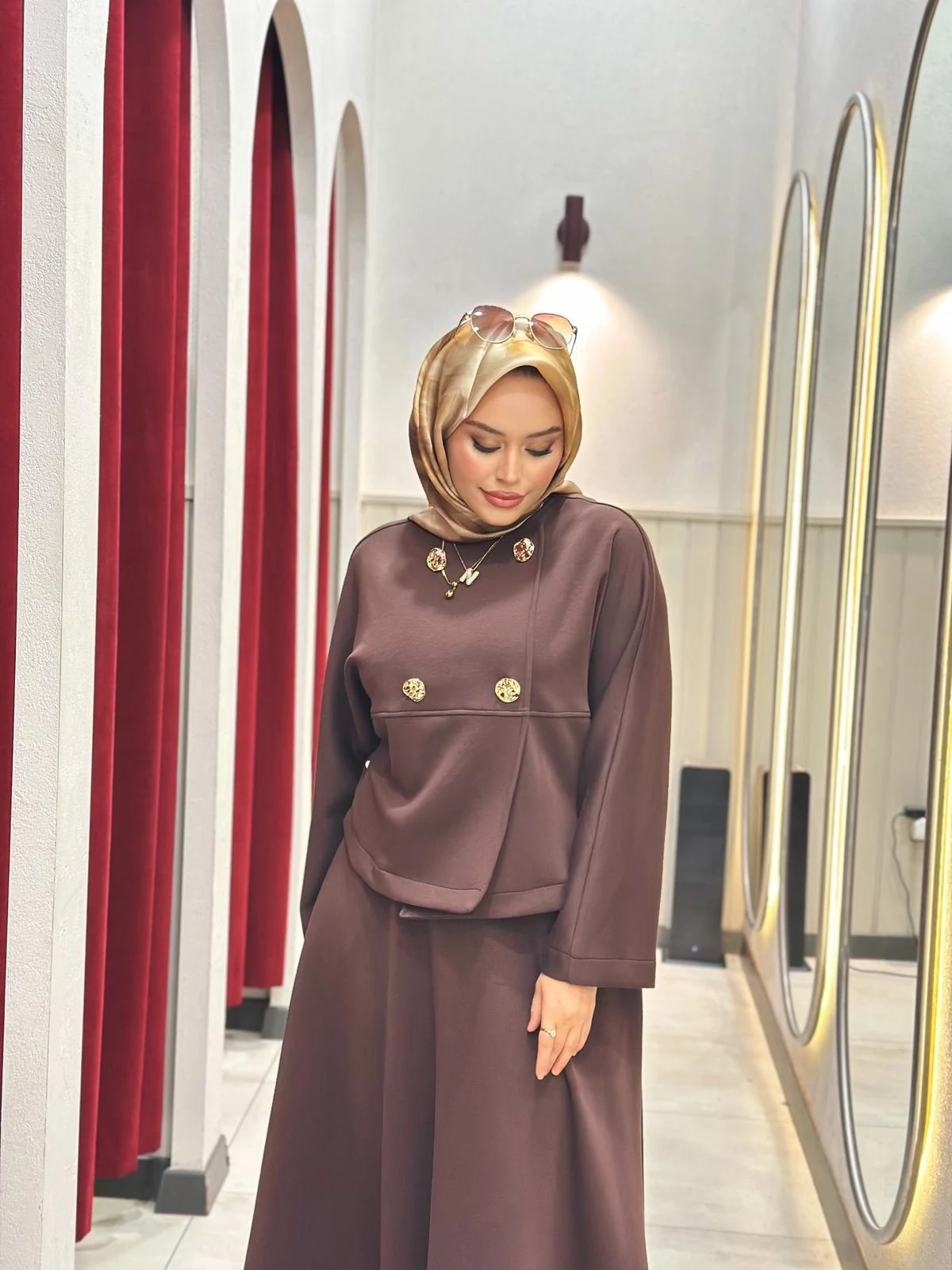 Minel Kadın Gold Düğmeli Etekli Takım  