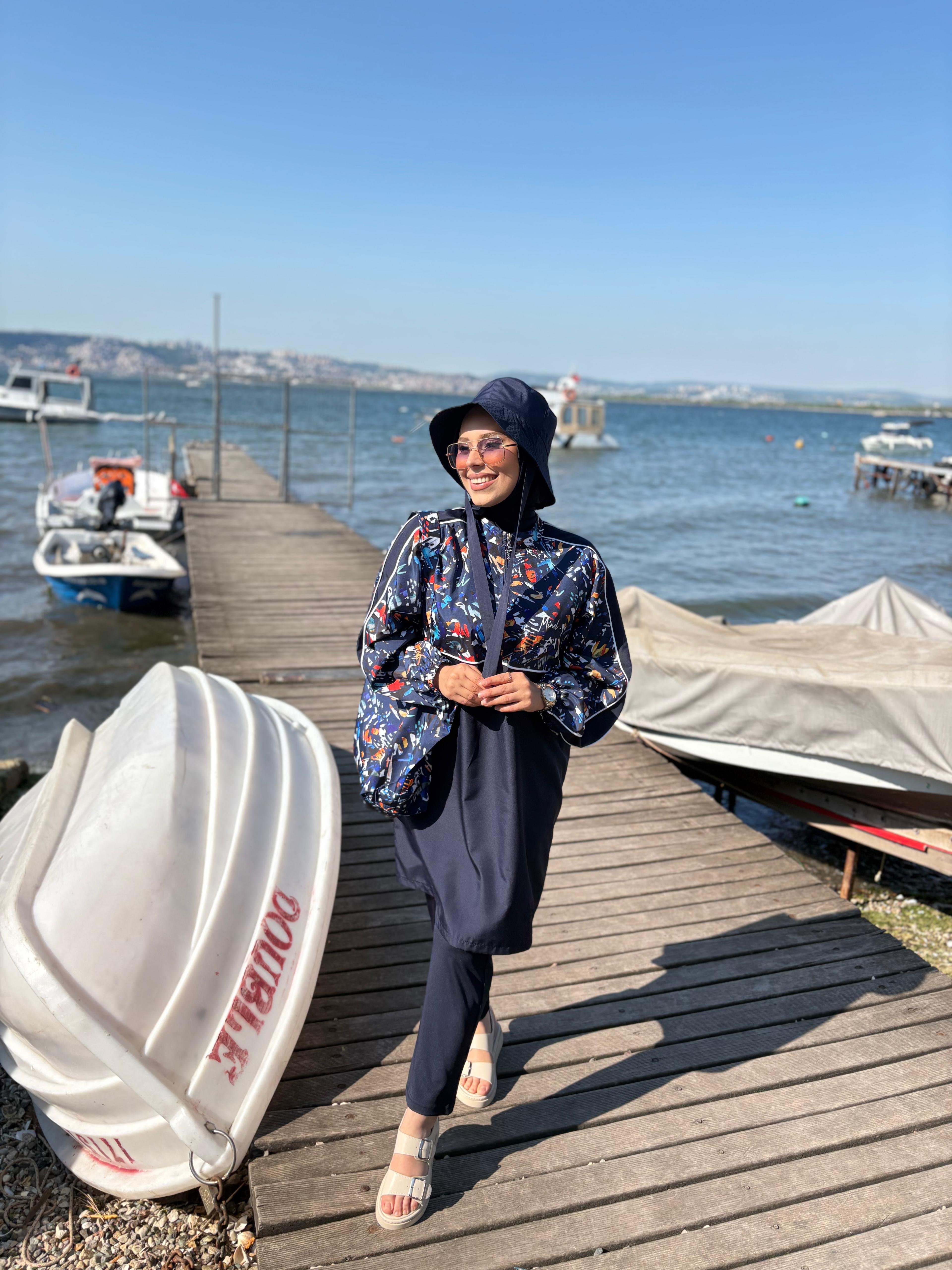 Kadın Lacivert Tam Kapalı Tesettür Mayo Kısa 2’li Set 060 - lacivert