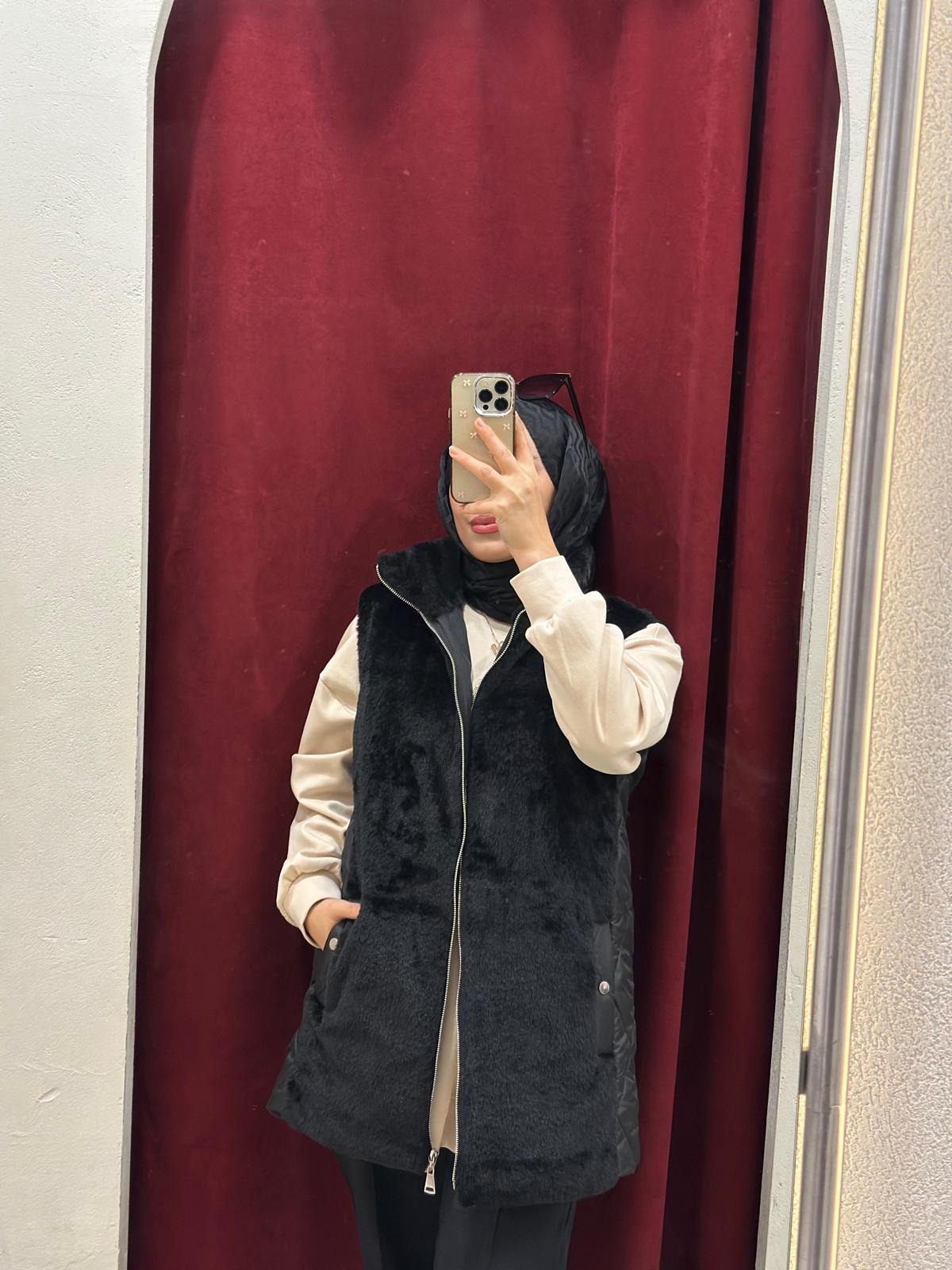 Minel Kadın Kürk Detaylı Yelek 036 - siyah