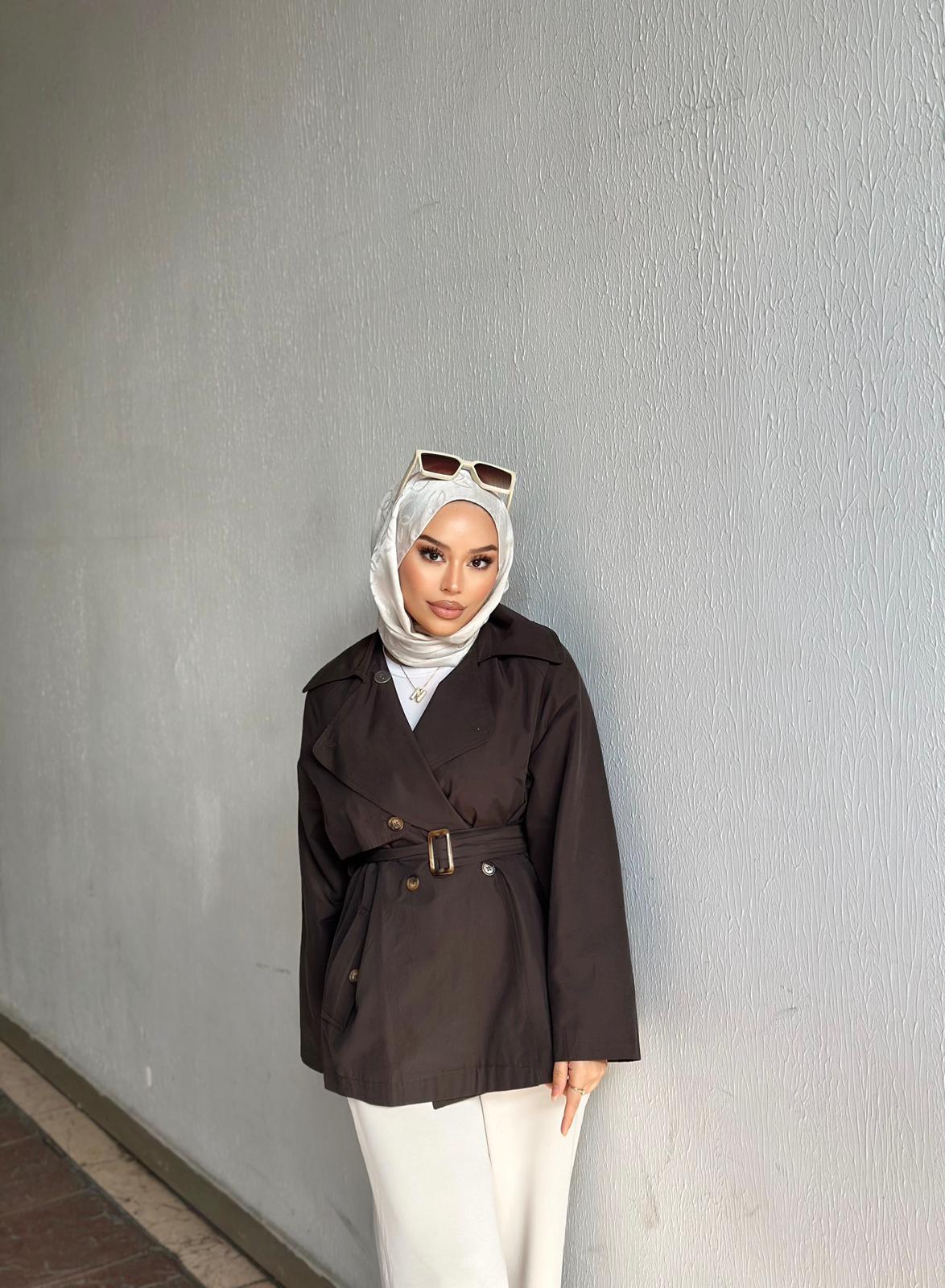 Minel Kadın Kruvaze Kesim Kısa Trençkot - Kahve