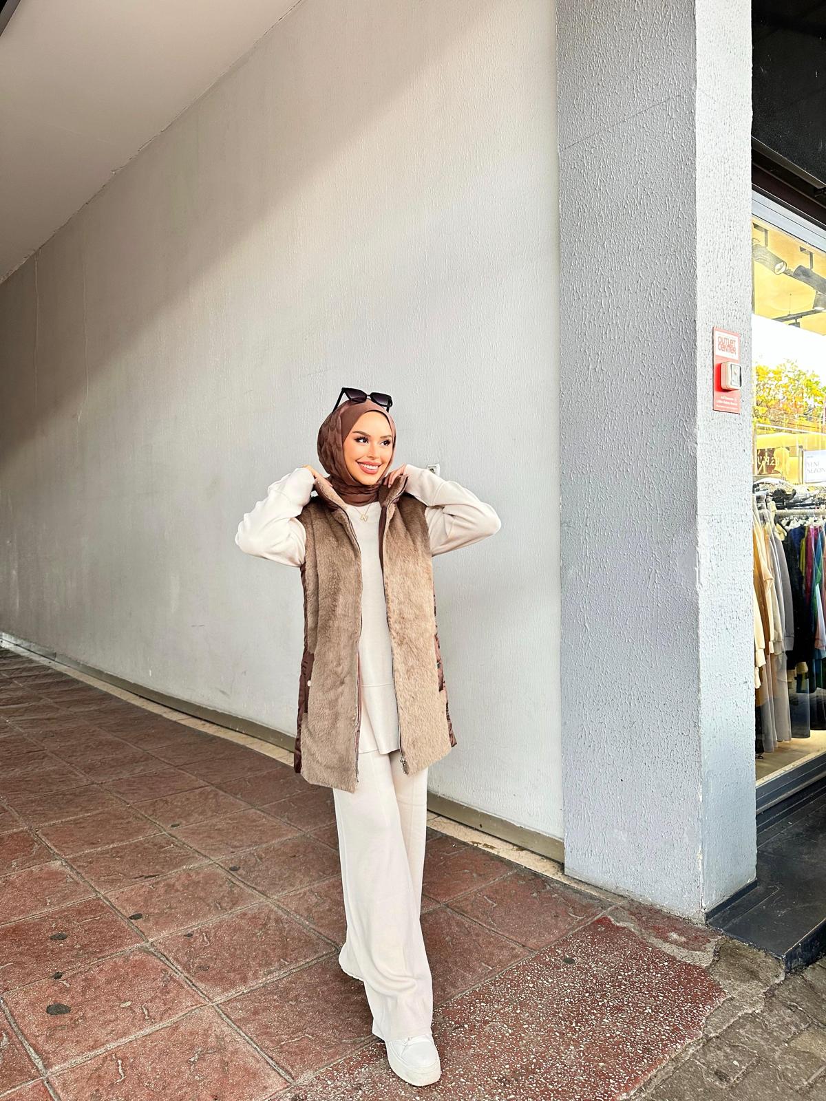 Minel Kadın Kürk Detaylı Yelek 036 - Kahve