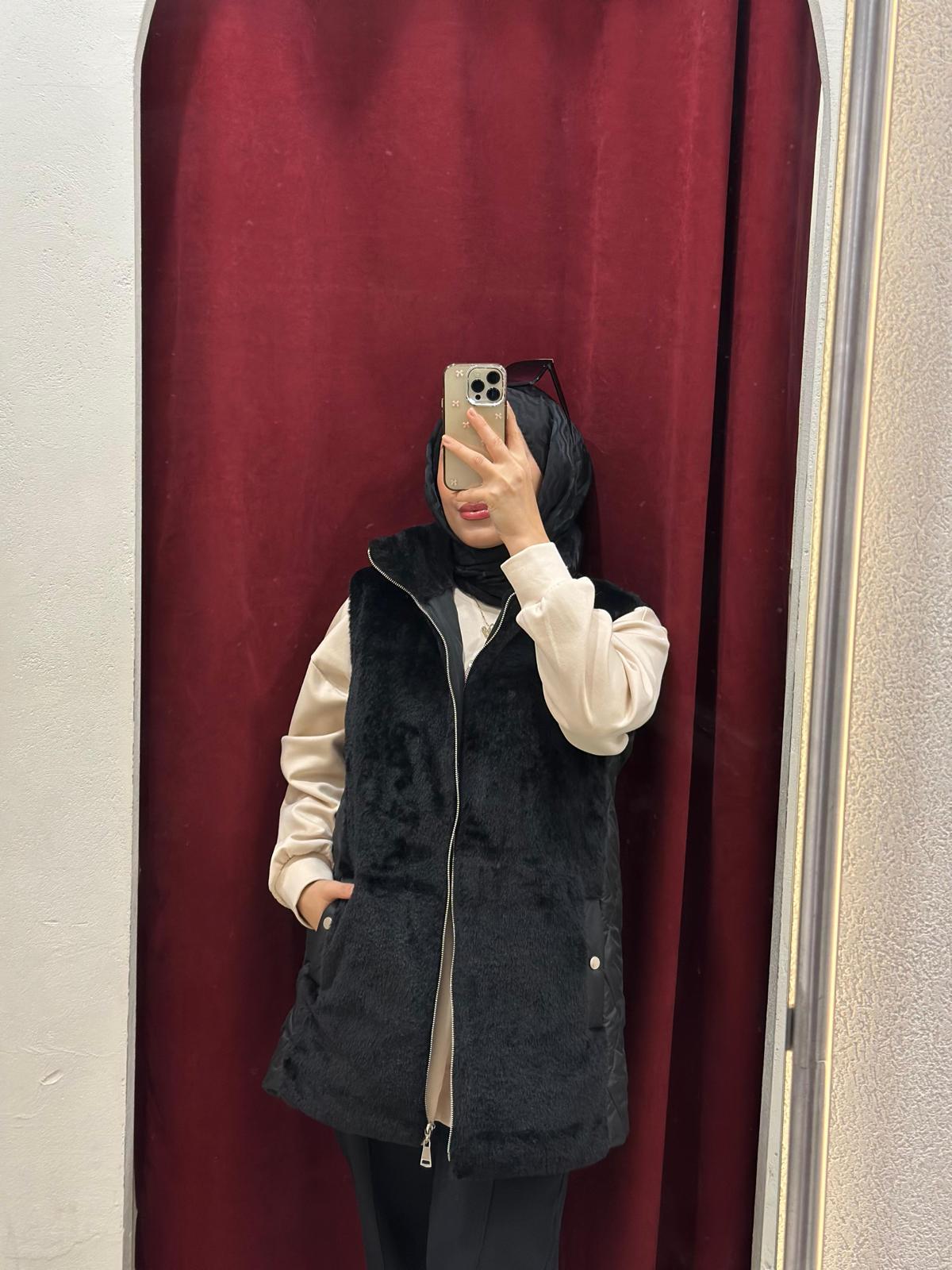 Minel Kadın Kürk Detaylı Yelek 036 - siyah