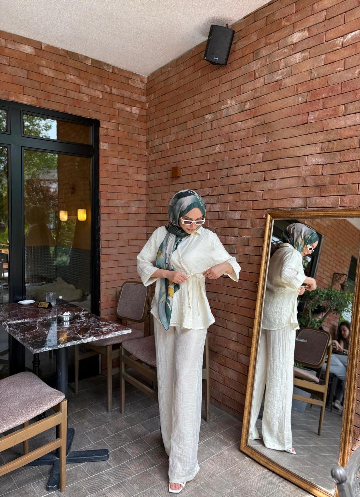 Kadın Keten Bağcıklı Kimona Takım  - Krem