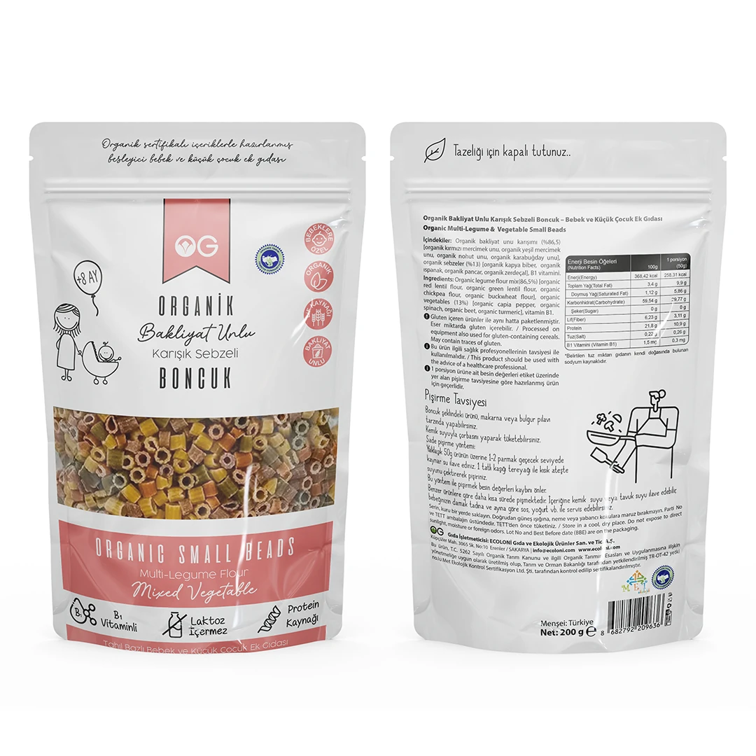 Organik Karışık Sebzeli Bakliyat Unlu Boncuk Makarna 200 Gr +8 Ay