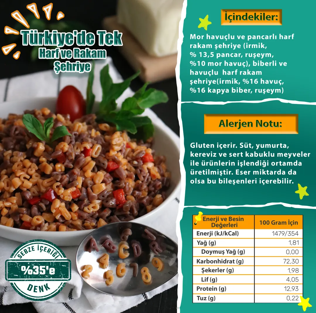 Karışık Sebzeli Harf Rakam Şehriye (+8 ay-%35 Sebzeli-250 gram)