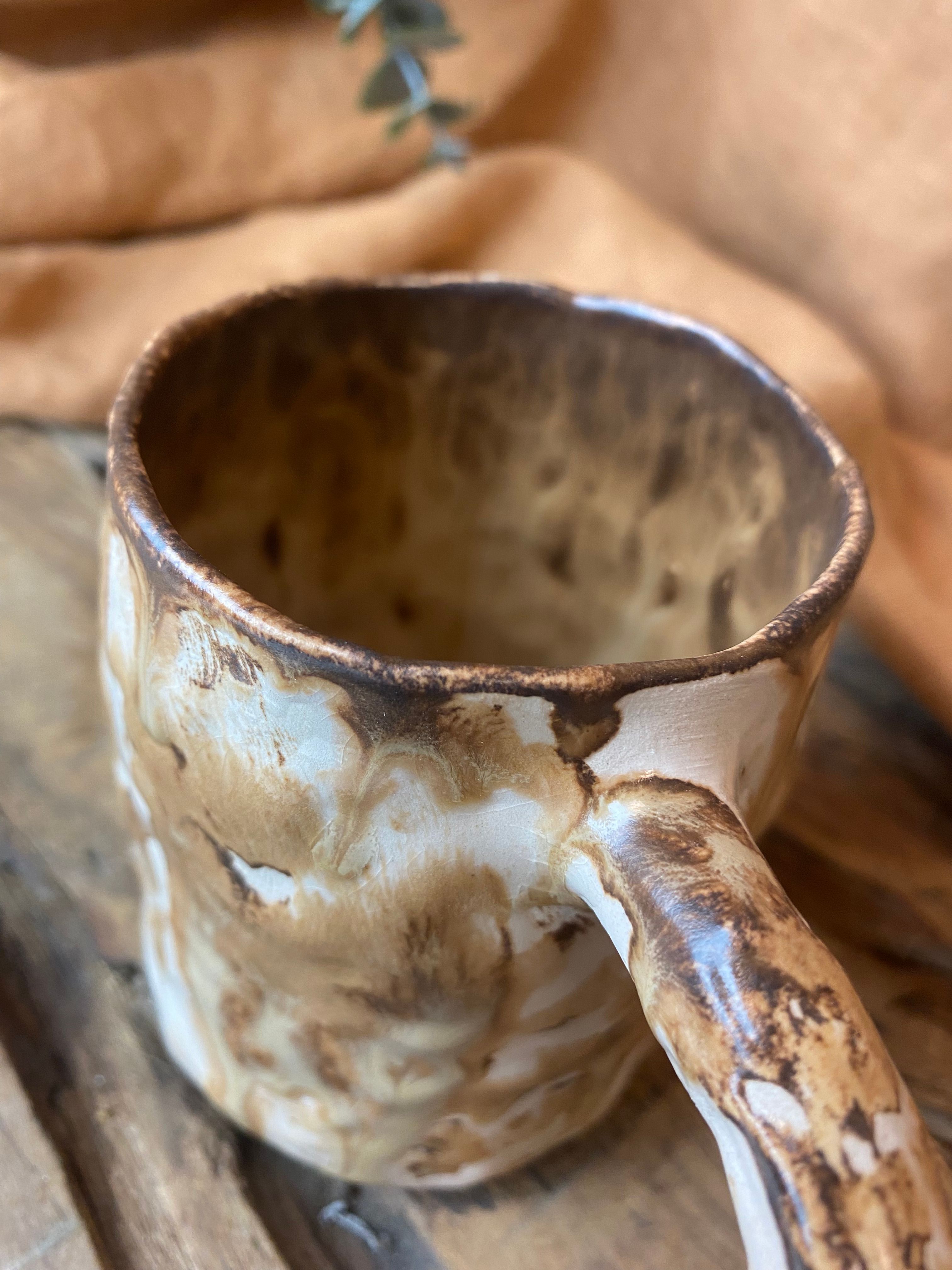 %100 El Yapımı Rustik Vintage Stoneware Kupa – Büyük Boy Seramik Kupa | Doğal Dokulu Kupa