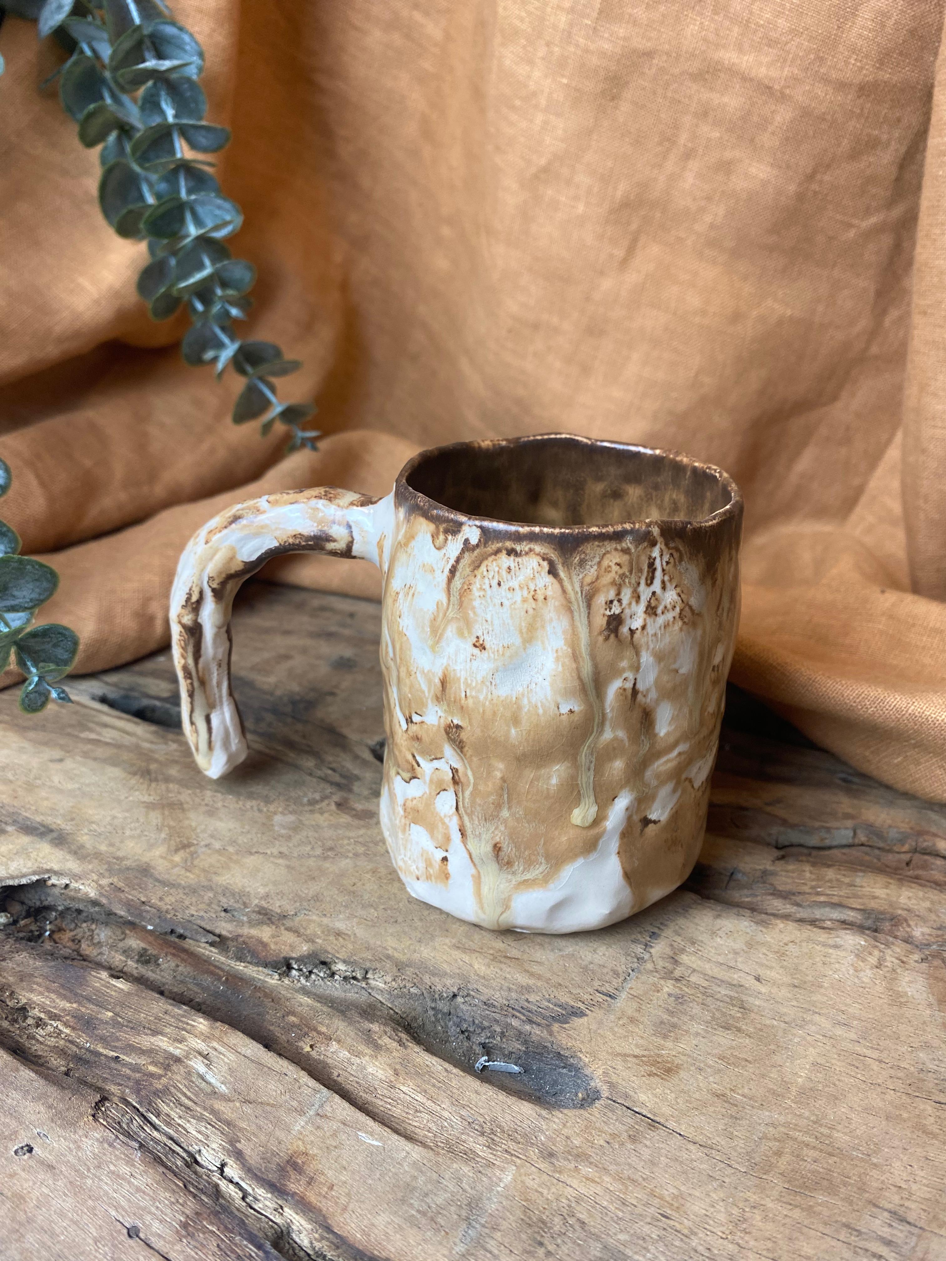 %100 El Yapımı Rustik Vintage Stoneware Kupa – Büyük Boy Seramik Kupa | Doğal Dokulu Kupa