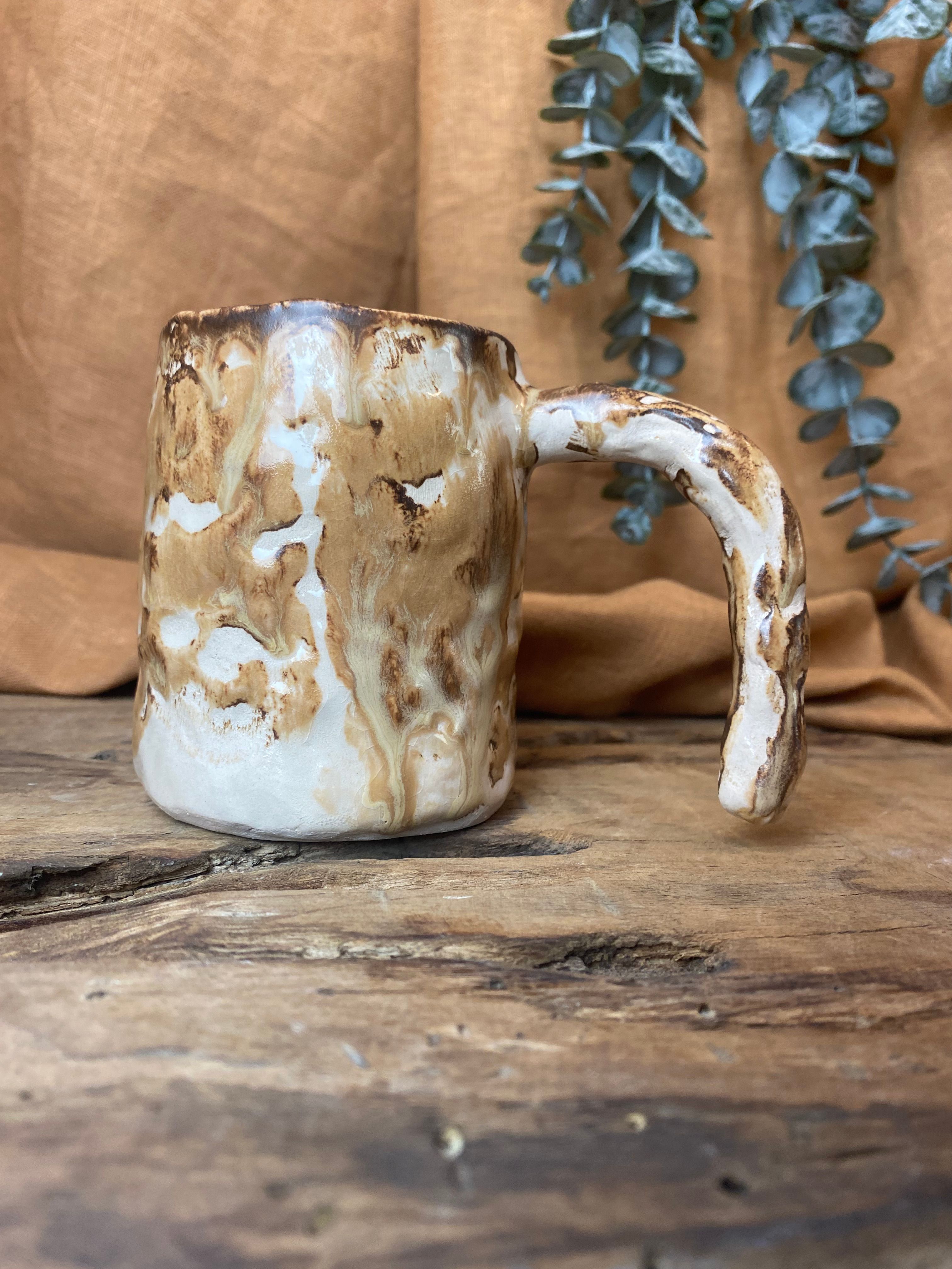 %100 El Yapımı Rustik Vintage Stoneware Kupa – Büyük Boy Seramik Kupa | Doğal Dokulu Kupa