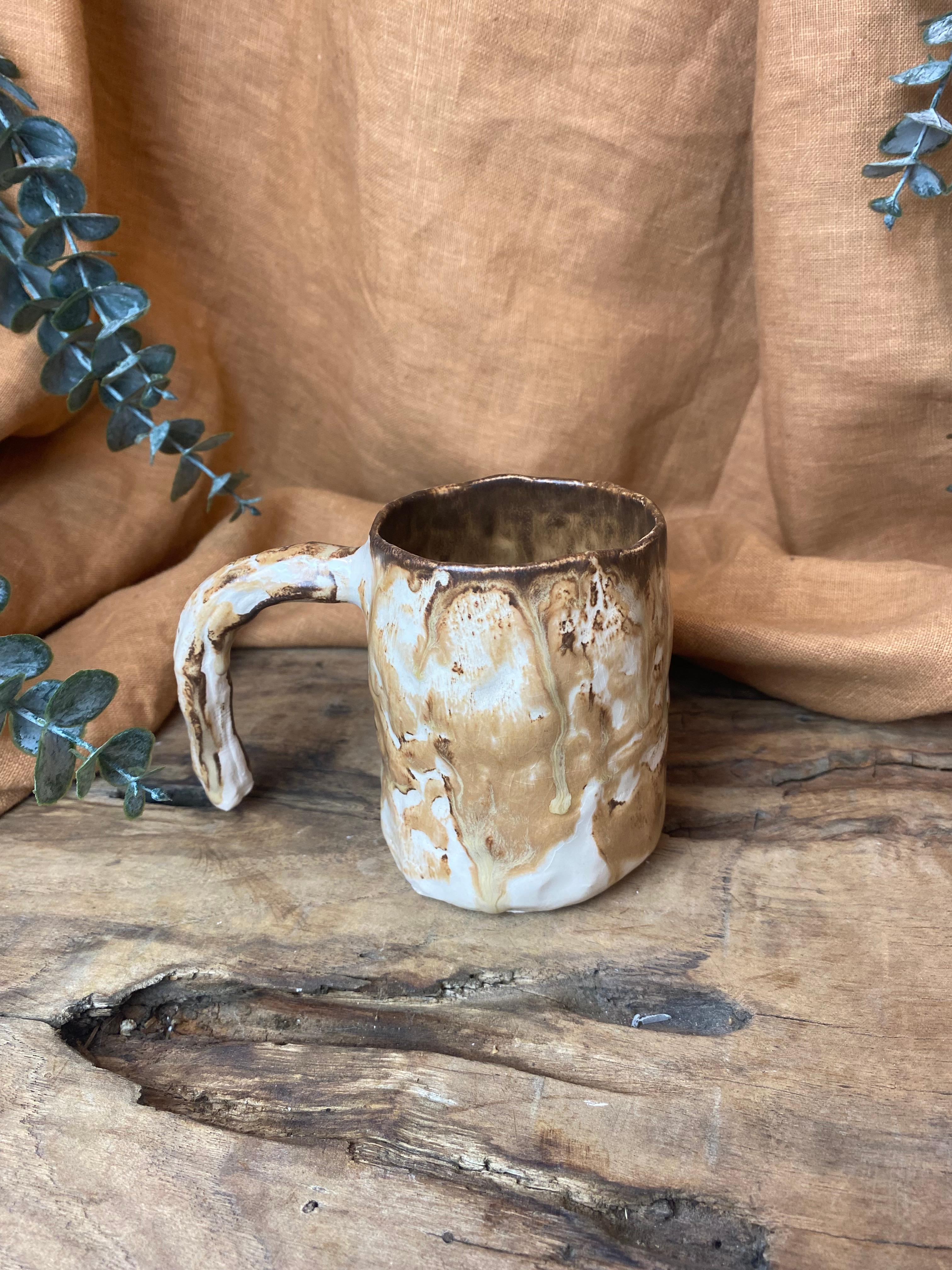 %100 El Yapımı Rustik Vintage Stoneware Kupa – Büyük Boy Seramik Kupa | Doğal Dokulu Kupa