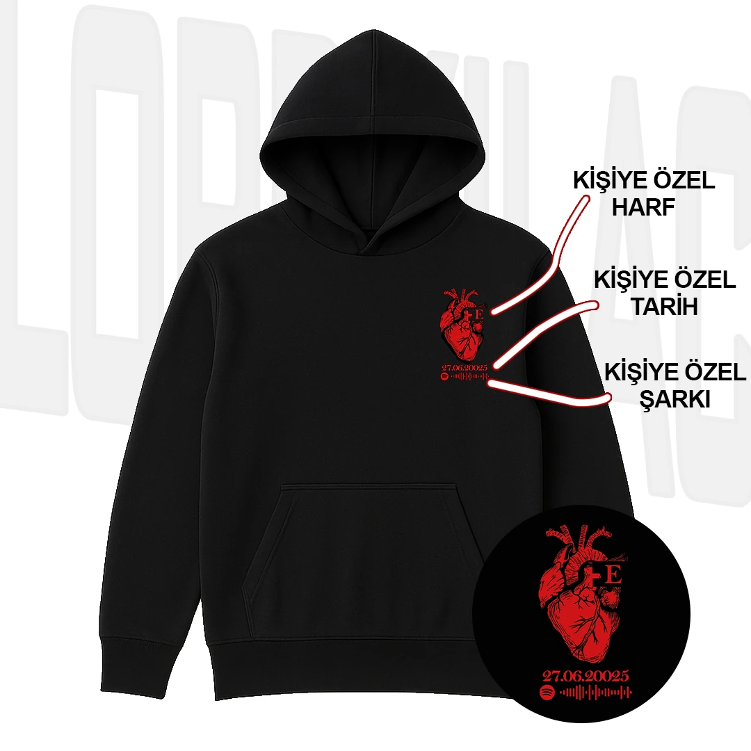 Kırmızı Puzzle Kalp,Harf,Tarih Ve Şarkı Baskılı Sweatshirt