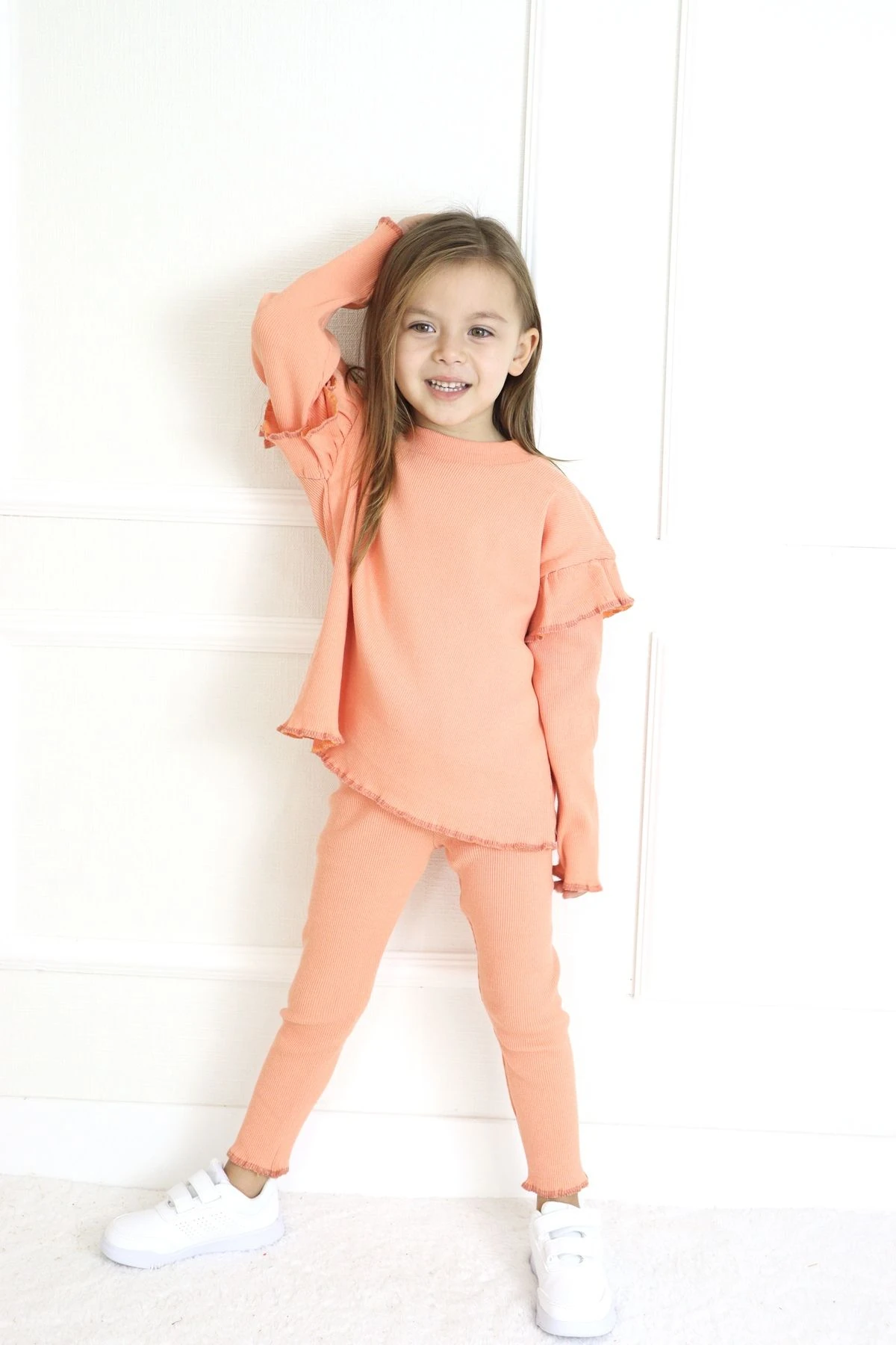 Kız Çocuk Fırfır Kol Detaylı Alt-Üst Takım - turuncu