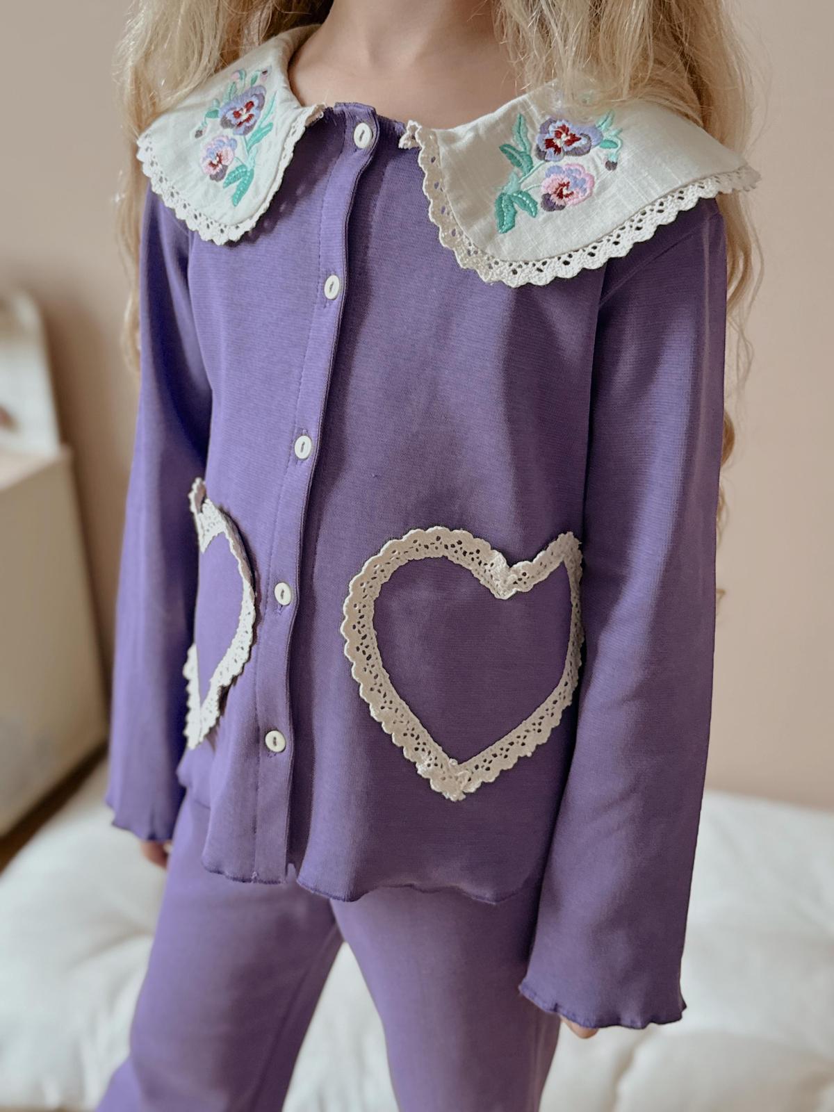 Kız Çocuk Lila Kalp Brodeli Alt-Üst Takım