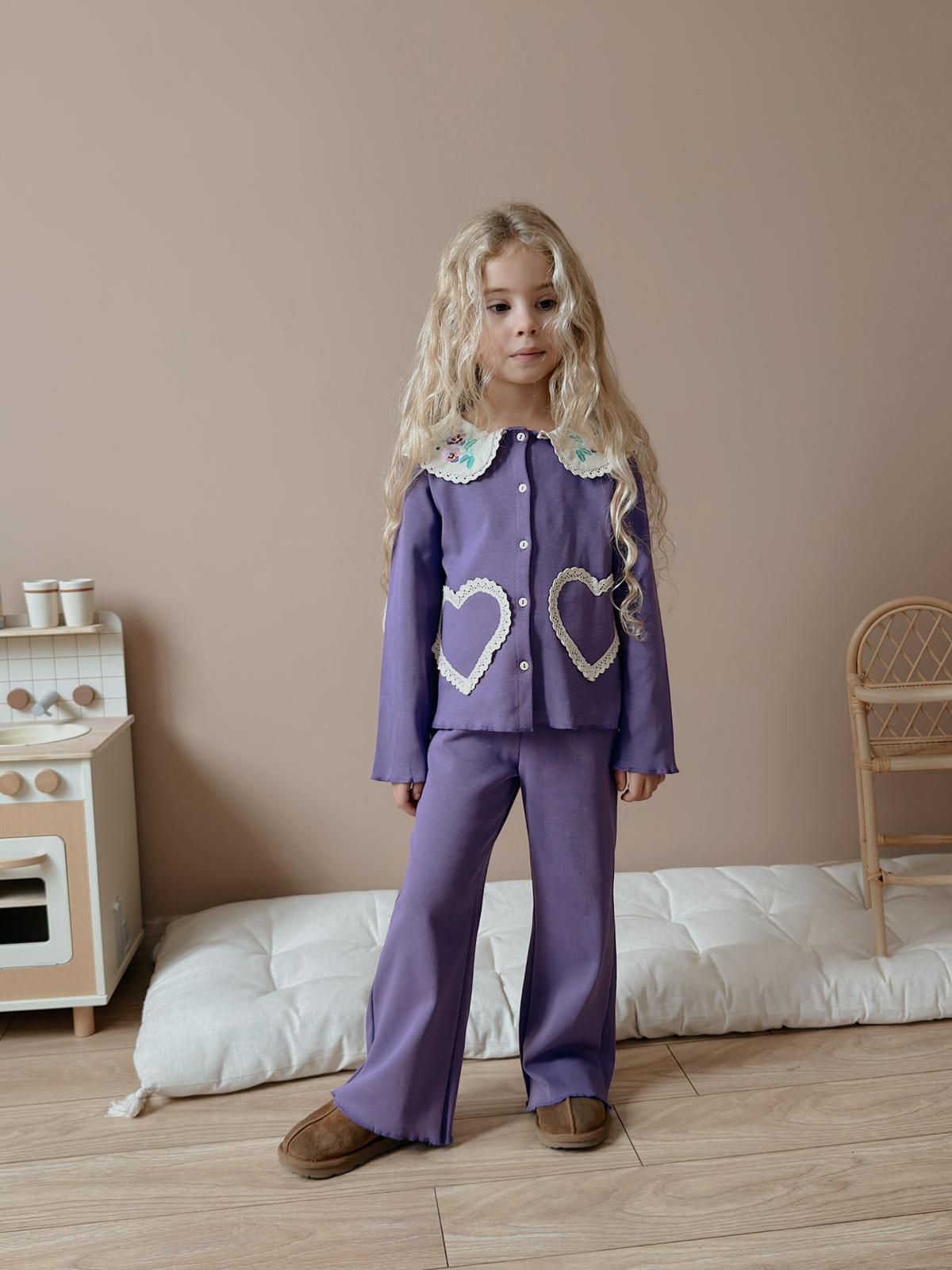 Kız Çocuk Lila Kalp Brodeli Alt-Üst Takım