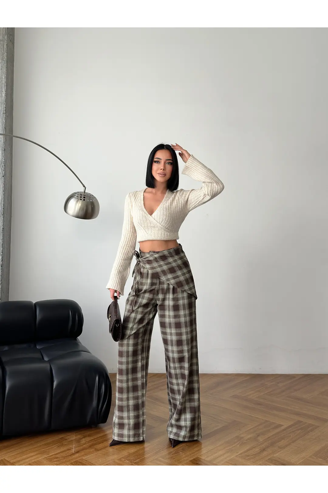 Bersh Model Ekose Desen Bel Fular Detaylı Yüksek Bel Pantolon