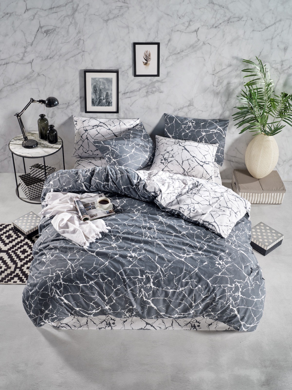 Çift Kişilik Ranforce Nevresim Takımı - Marble Antrasit