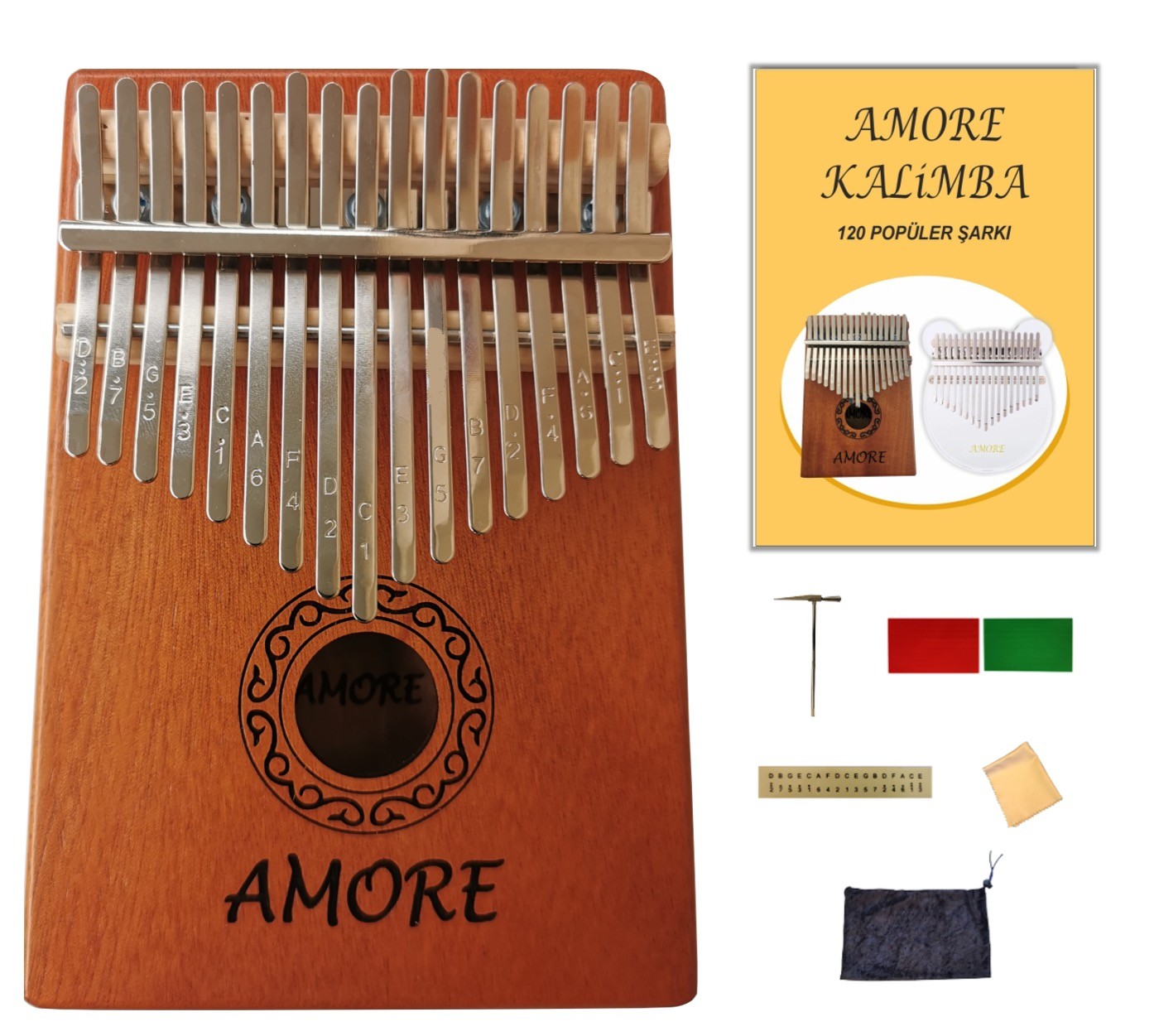 17 Tuşlu Maun Kalimba-parmak Piyano-türkçe Kullanım Klavuzu-120 Popüler Şarkı Notası-komple Set 