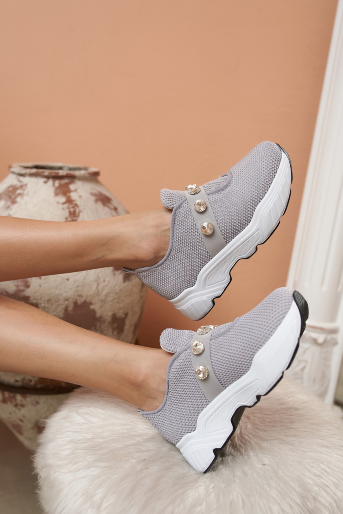 Belicia Kadin Gri Trıko Ve Taş Detay Sneakers