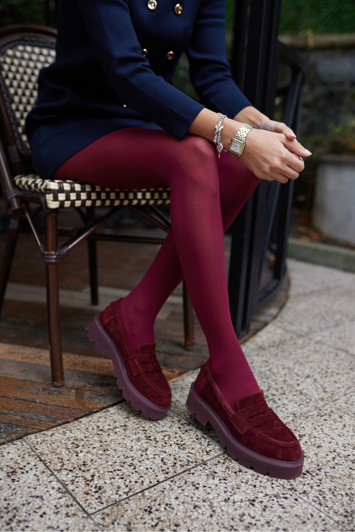 ALBERTO KADIN ALTIN DORE GERCEK DERİ EVA TABAN LOAFER - bordo suet