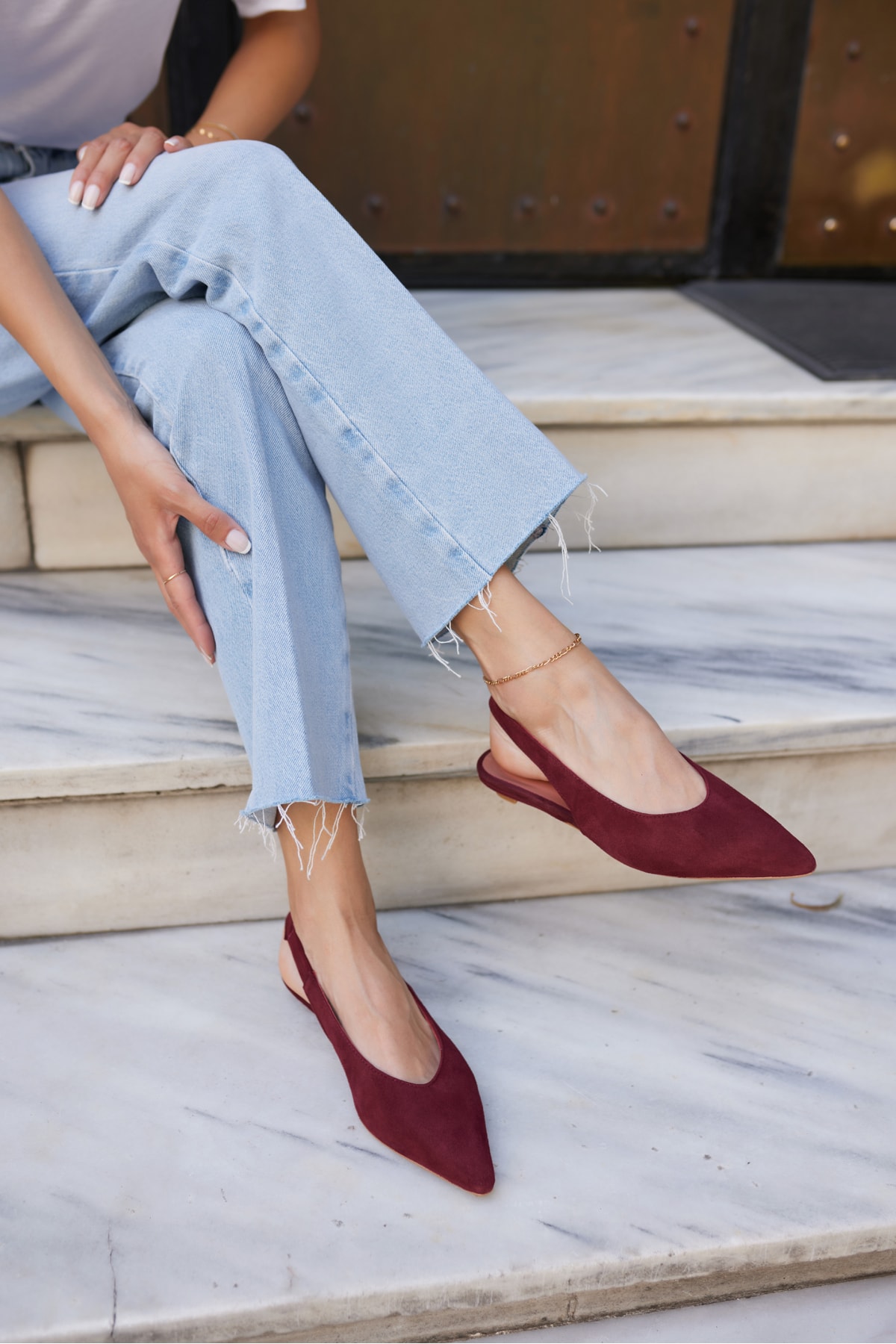 VERA KADIN BORDO GERCEK SUET MINI TOPUKLU SLINGBACK AYAKKABİ