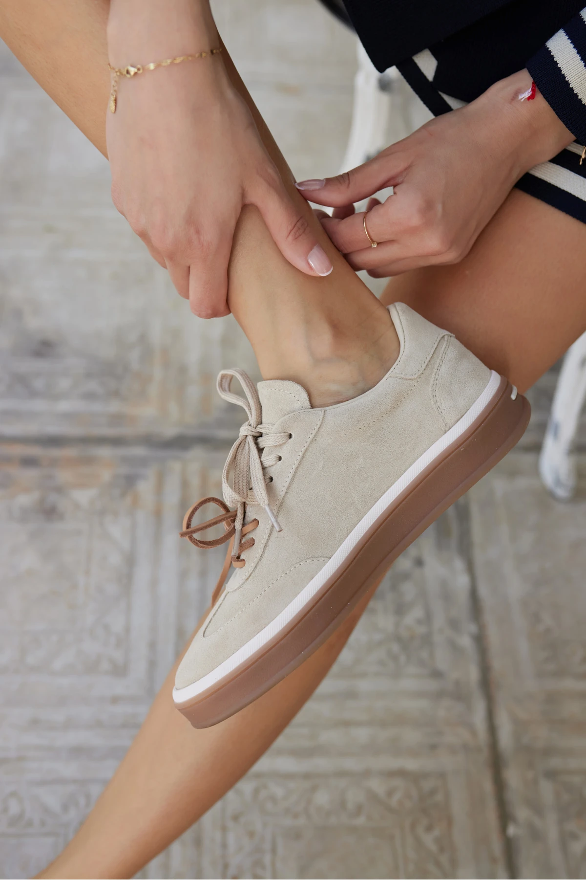 PAOK KADIN BEJ GERCEK SUET ÇİFT BAGCIK DETAY SNEAKER