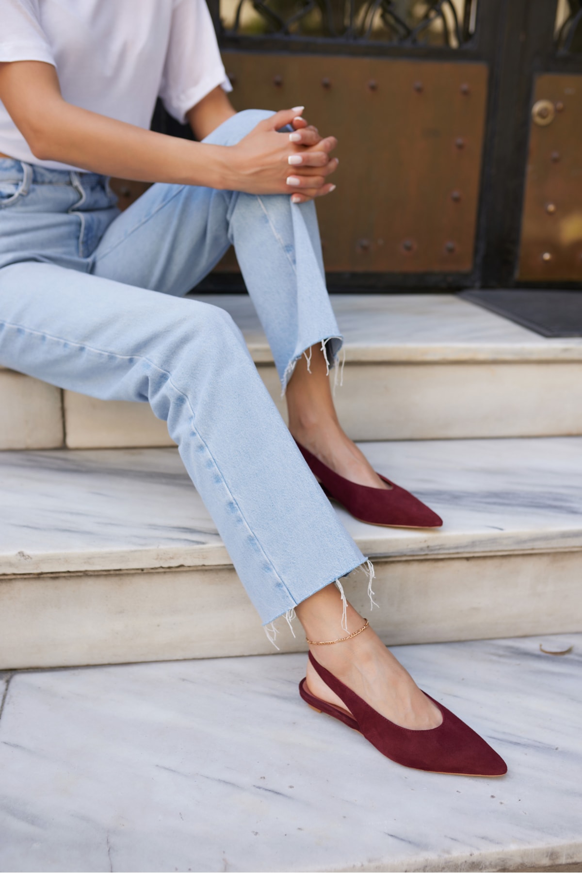 VERA KADIN BORDO GERCEK SUET MINI TOPUKLU SLINGBACK AYAKKABİ
