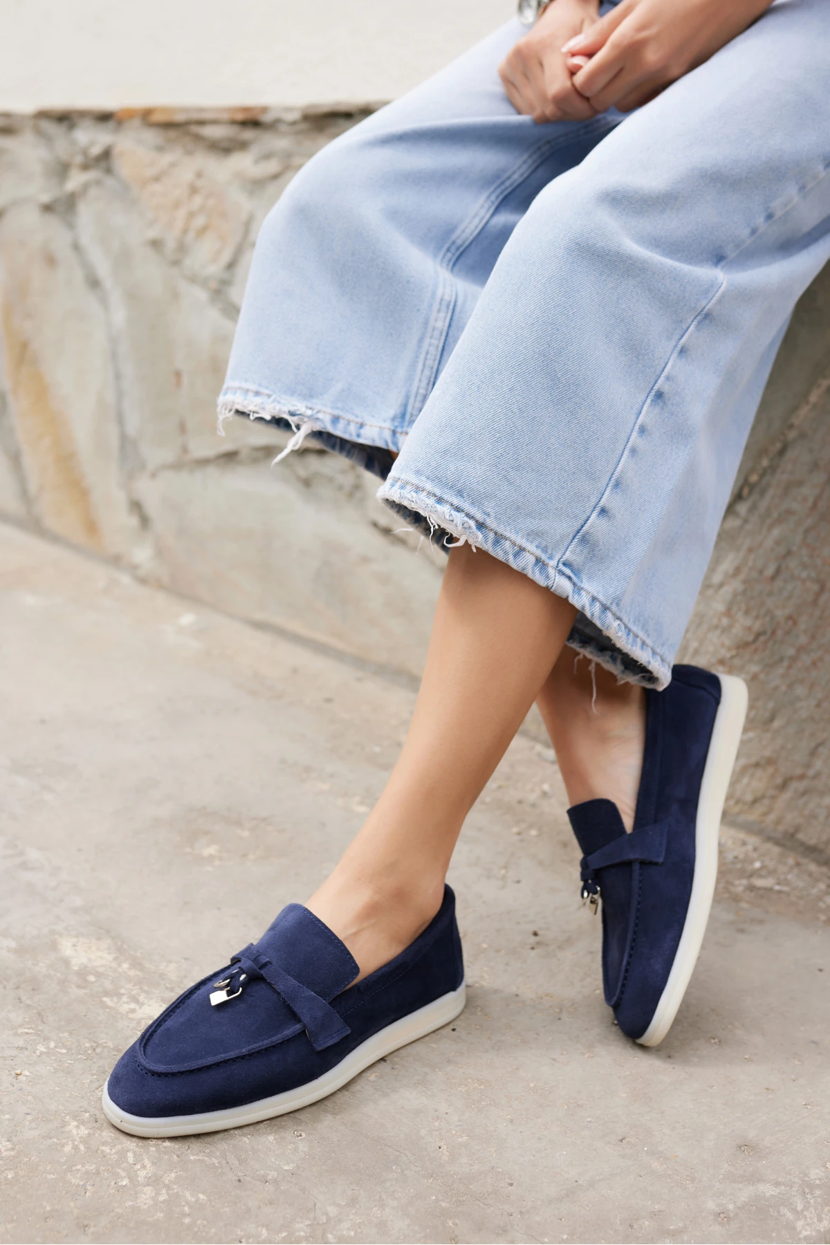 CASADO KADIN BEJ GERCEK SUET LOAFER AYAKKABİ - lacivert