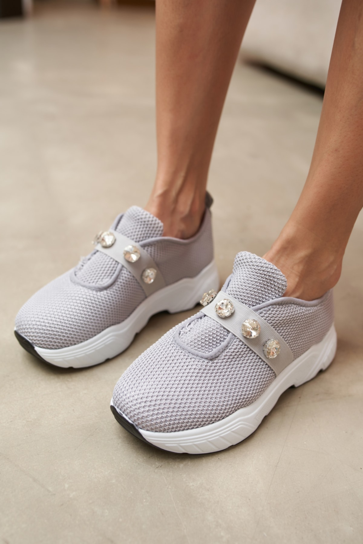 Belicia Kadin Gri Trıko Ve Taş Detay Sneakers