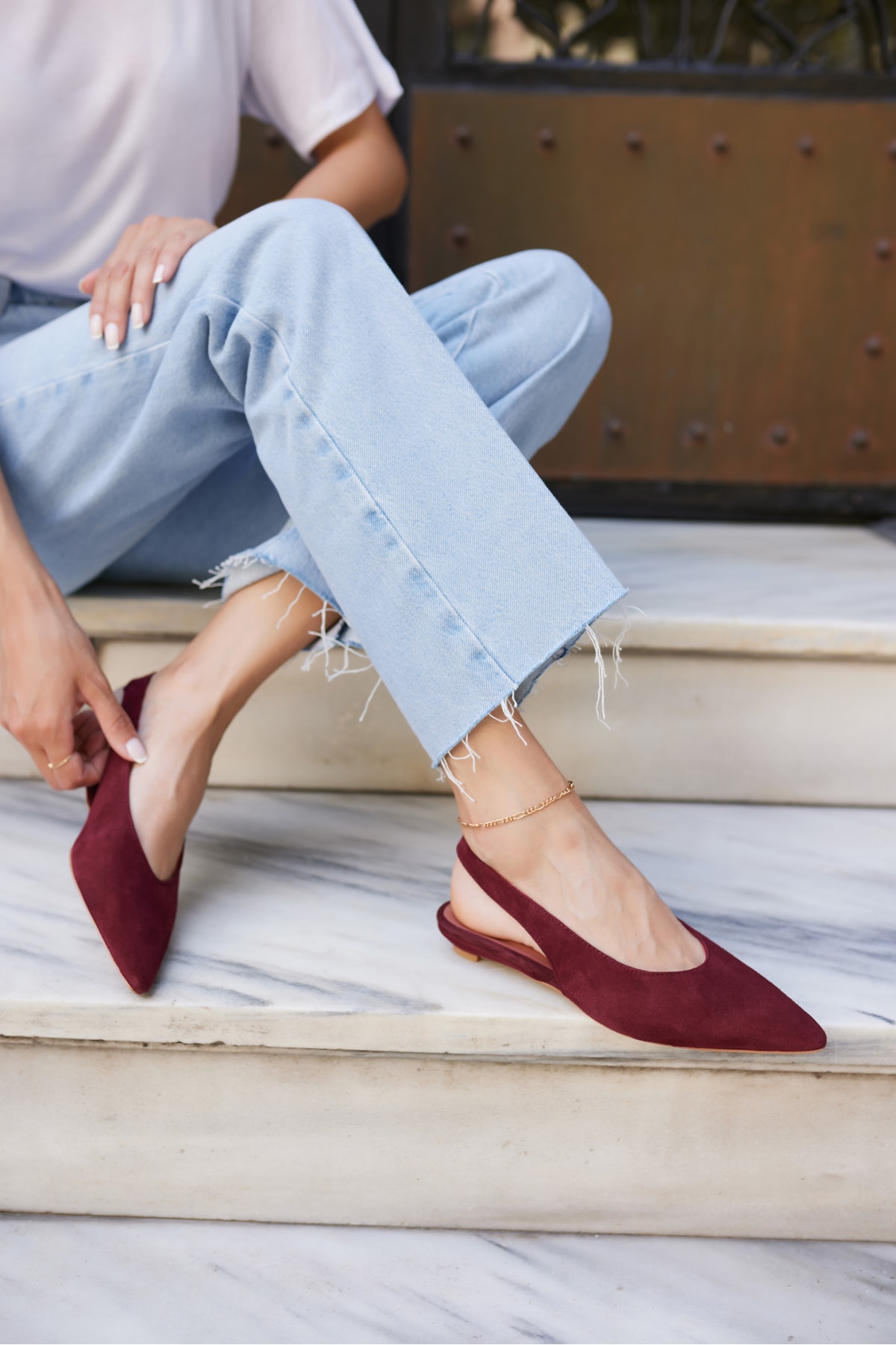 VERA KADIN BORDO GERCEK SUET MINI TOPUKLU SLINGBACK AYAKKABİ