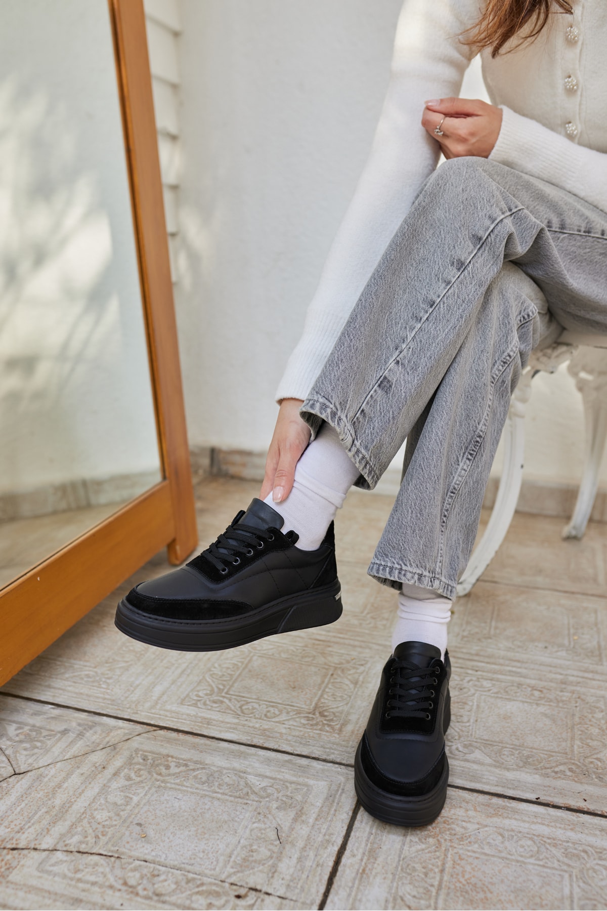 OKİTA KADIN BEYAZ BAGCIKLI GERCEK DERİ SNEAKER