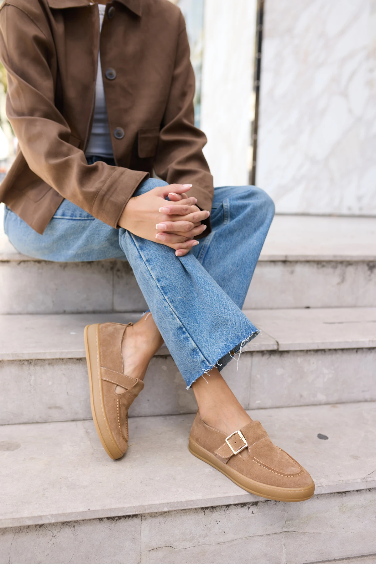 CARMEN KADIN KAHVE GERCEK DERİ SUET LOAFER TOKALİ AYAKKABİ