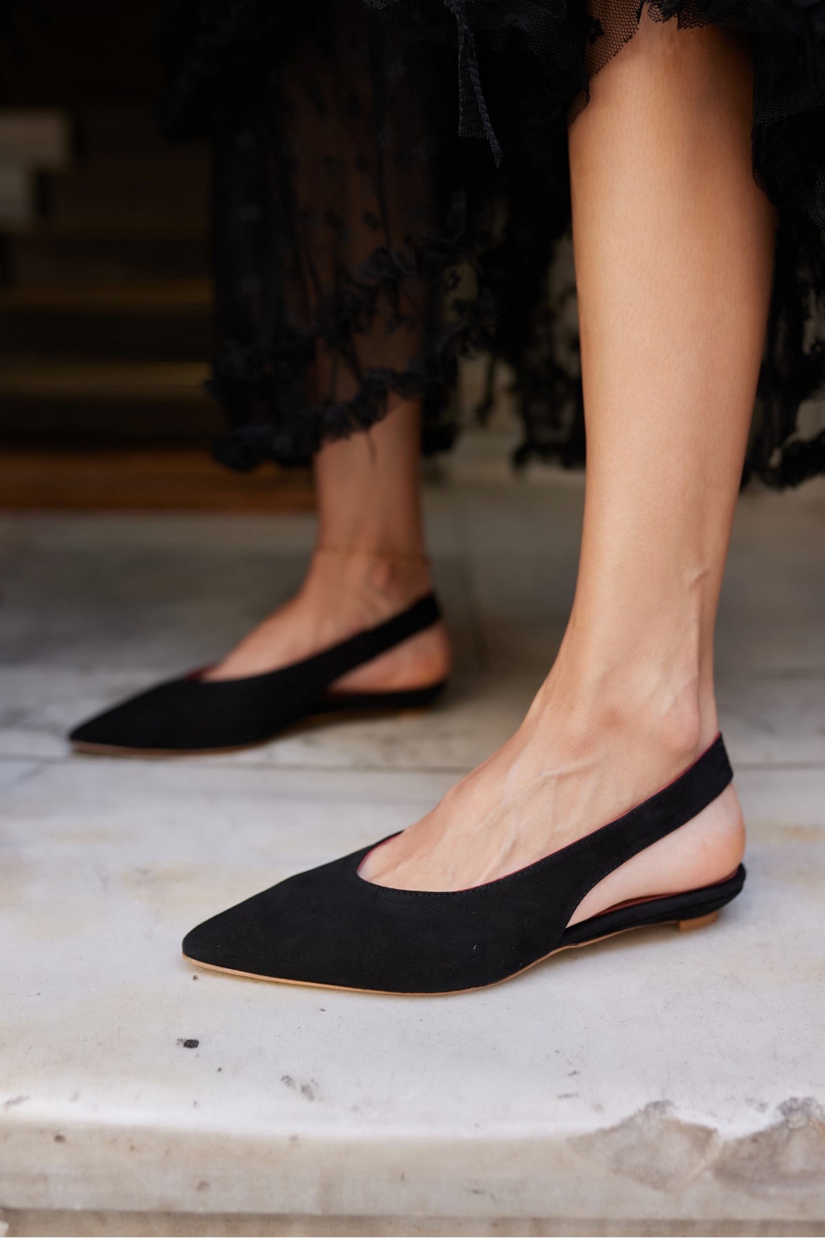 VERA KADIN BORDO GERCEK SUET MINI TOPUKLU SLINGBACK AYAKKABİ - siyah