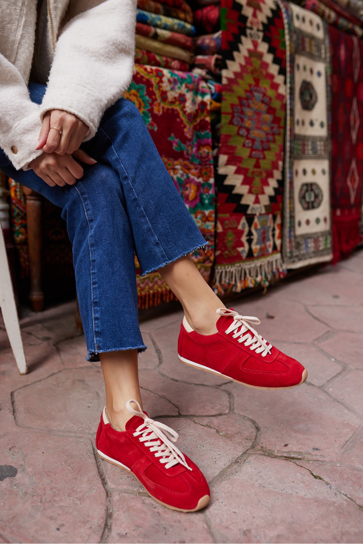 TORES KADIN ALTIN DORE GERCEK DERİ BAGCIKLI SNEAKER - kırmızı