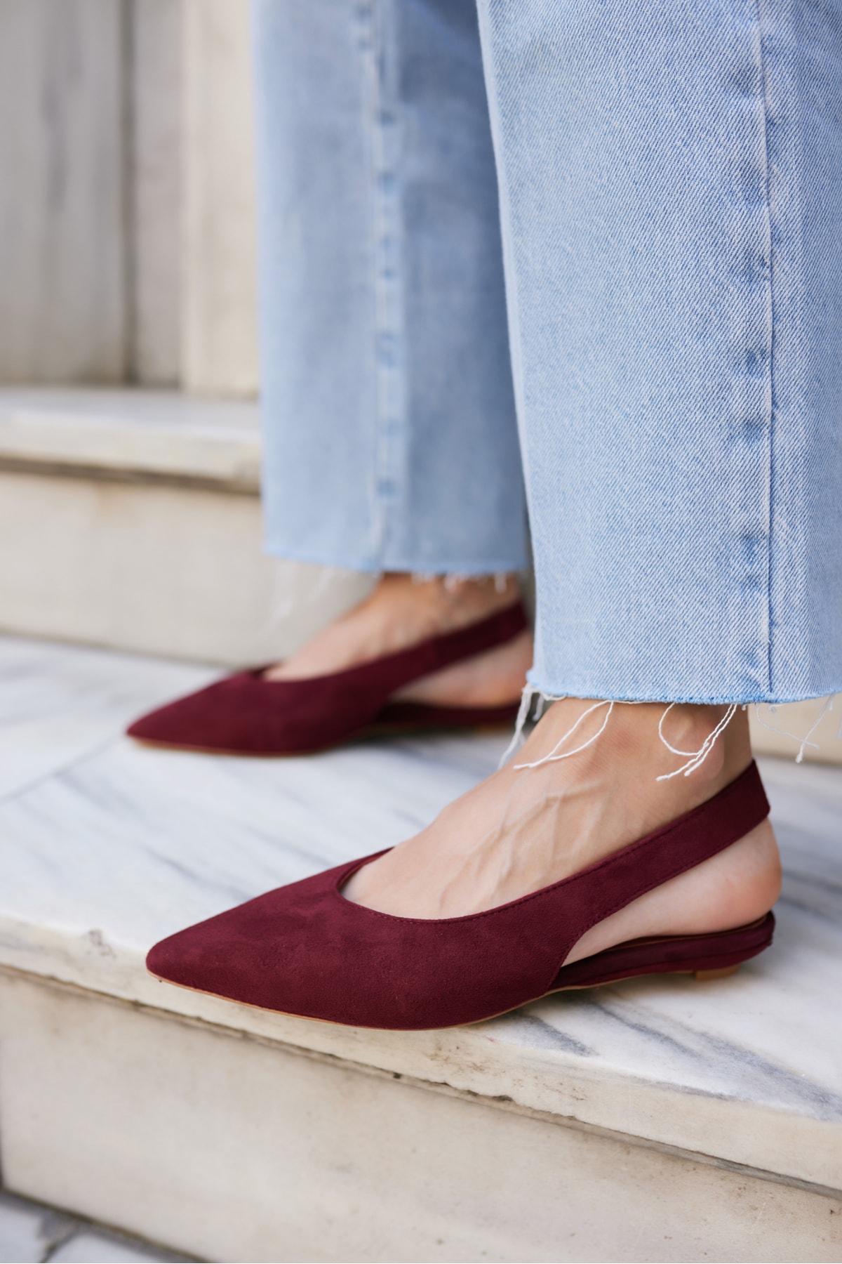VERA KADIN BORDO GERCEK SUET MINI TOPUKLU SLINGBACK AYAKKABİ