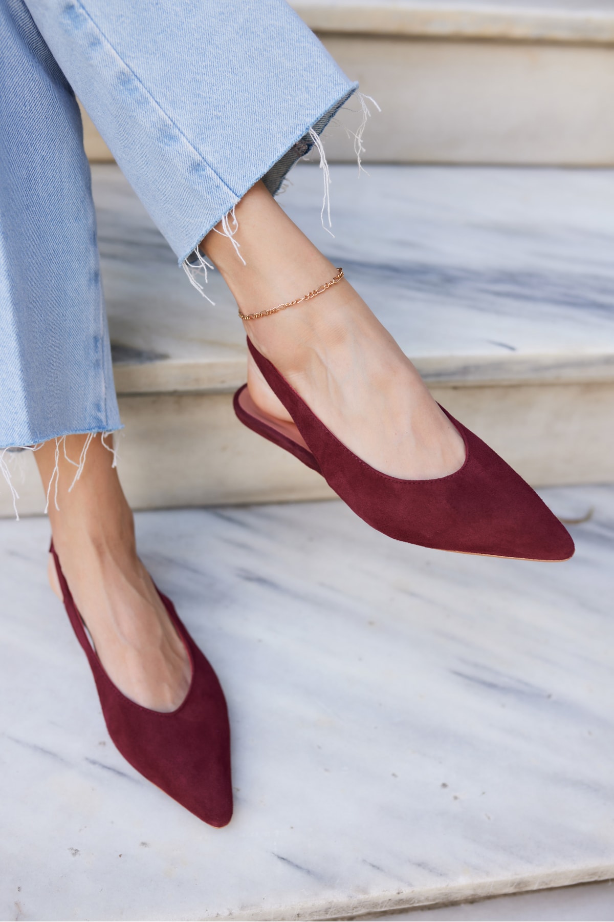 VERA KADIN BORDO GERCEK SUET MINI TOPUKLU SLINGBACK AYAKKABİ