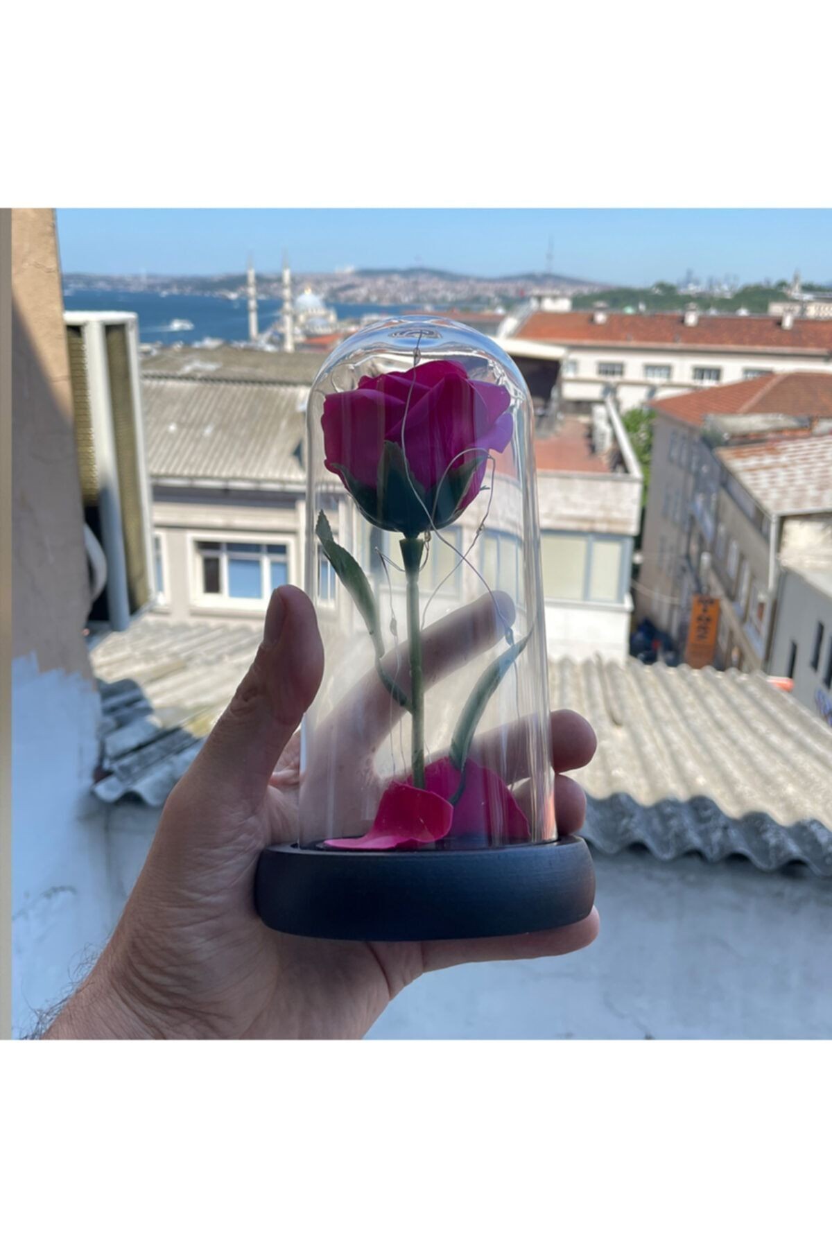 Dekoratif Gül Tasarımlı Led Işıklı Cam Fanus