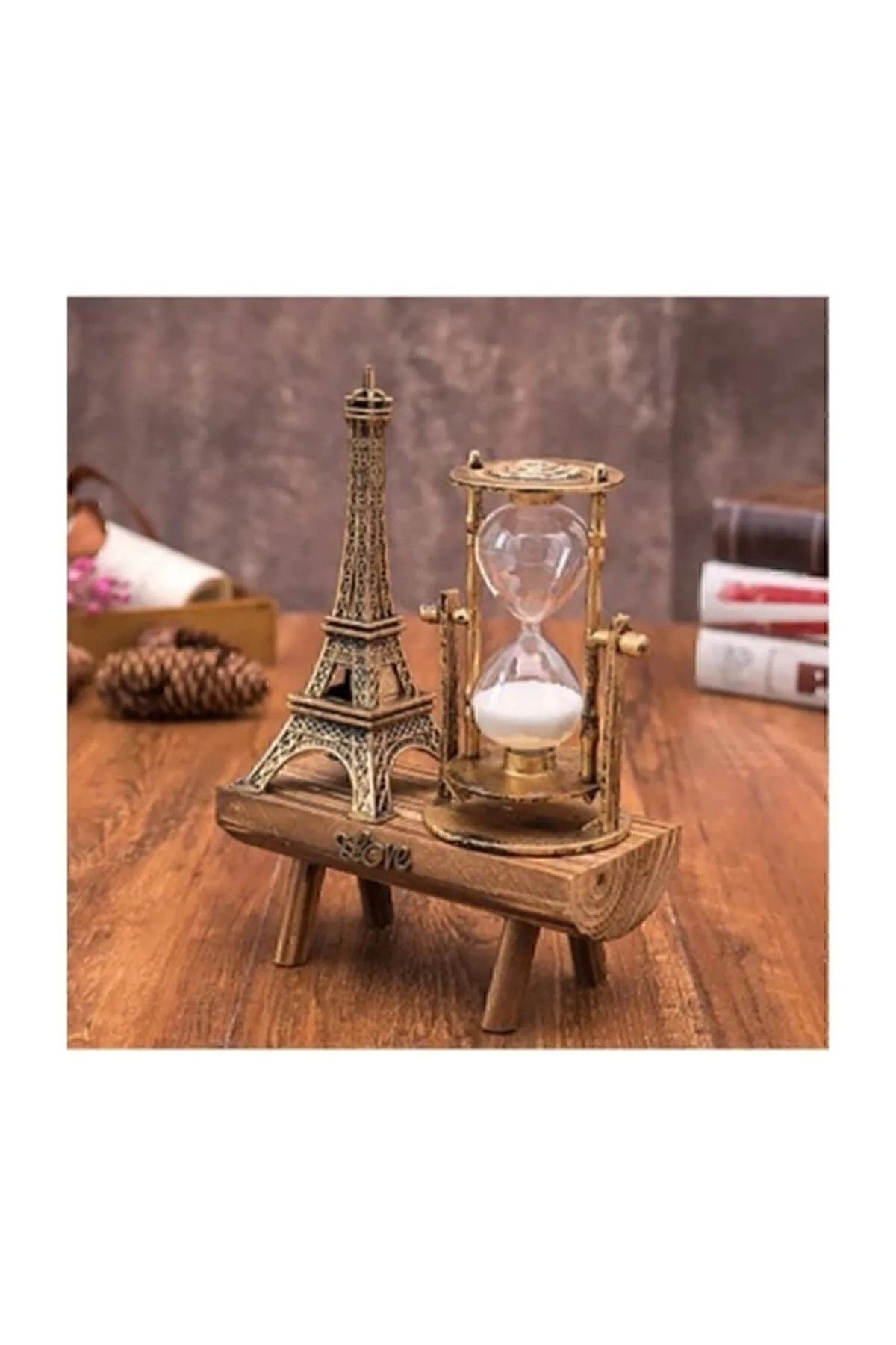 Eyfel Kulesi Paris Kum Saati Nostaljik Dekoratif Hediyelik Eiffel Retro Kum Saat Biblo Ahşap Standlı