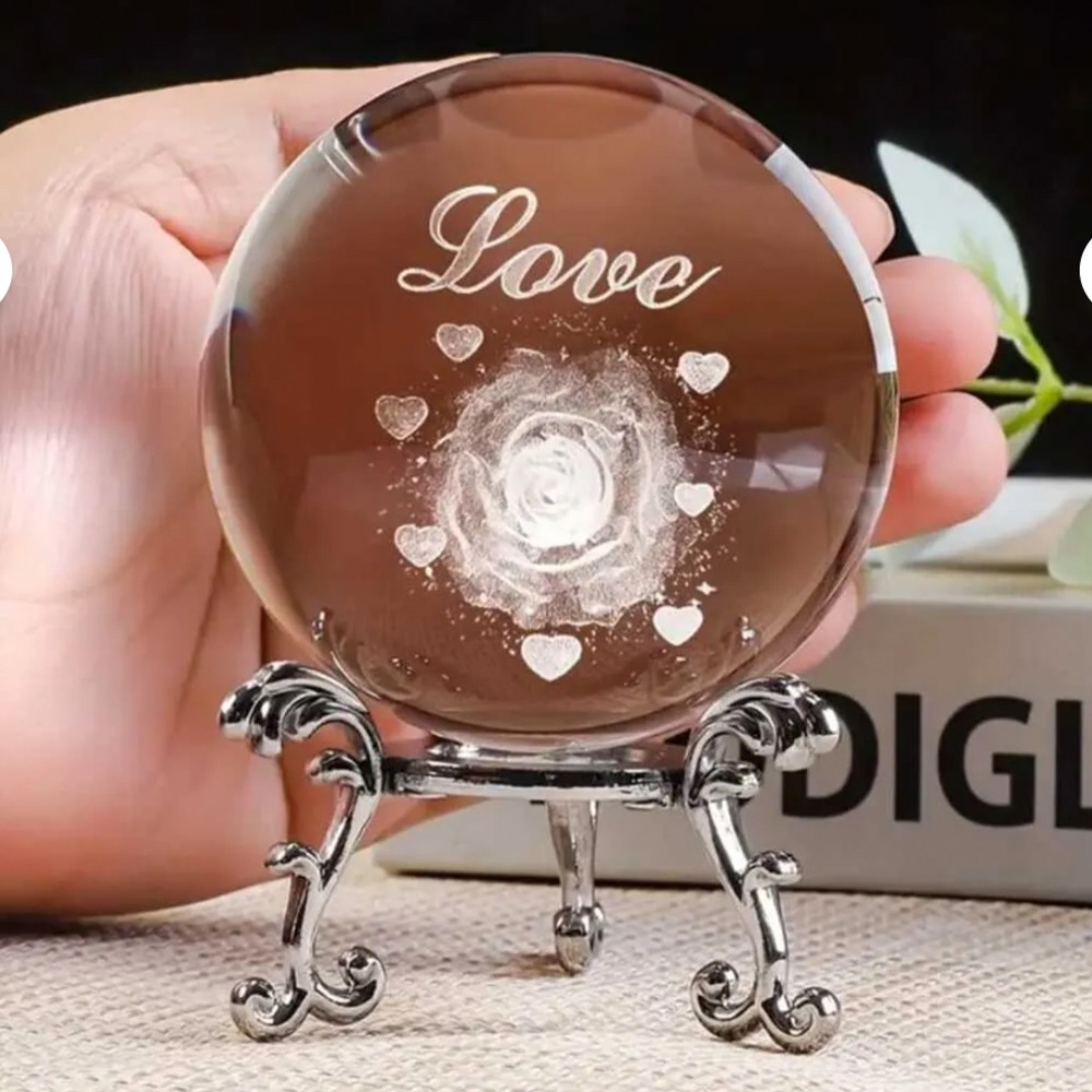 Dekoratif Metal Ayaklı Love Yazılı Kalp Desenli Kristal Cam Küre 6cm