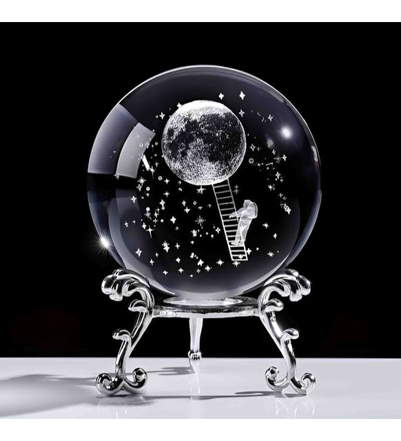 Dekoratif Metal Ayaklı Aya Çıkan Tasarımlı 3D Cam Küre 6cm