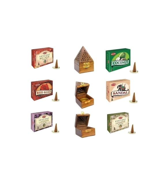 Ahşap Konik Buhur Tütsü Yakma Kutusu Ve 6 Adet Konik Buhur Seti